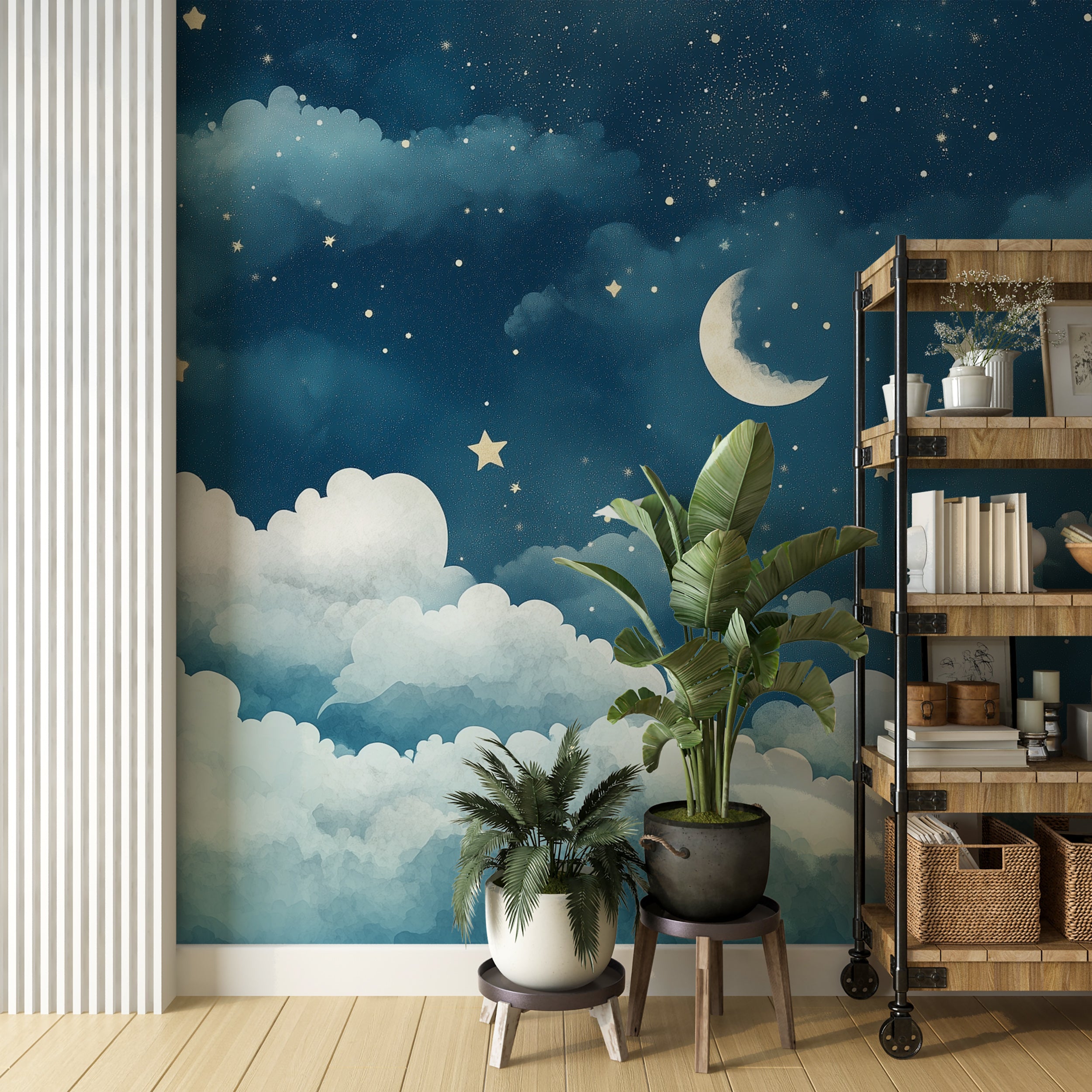 Nursery watercolor night sky mural with moon and stars.
Dreamy starry night wall mural for kids room decor.