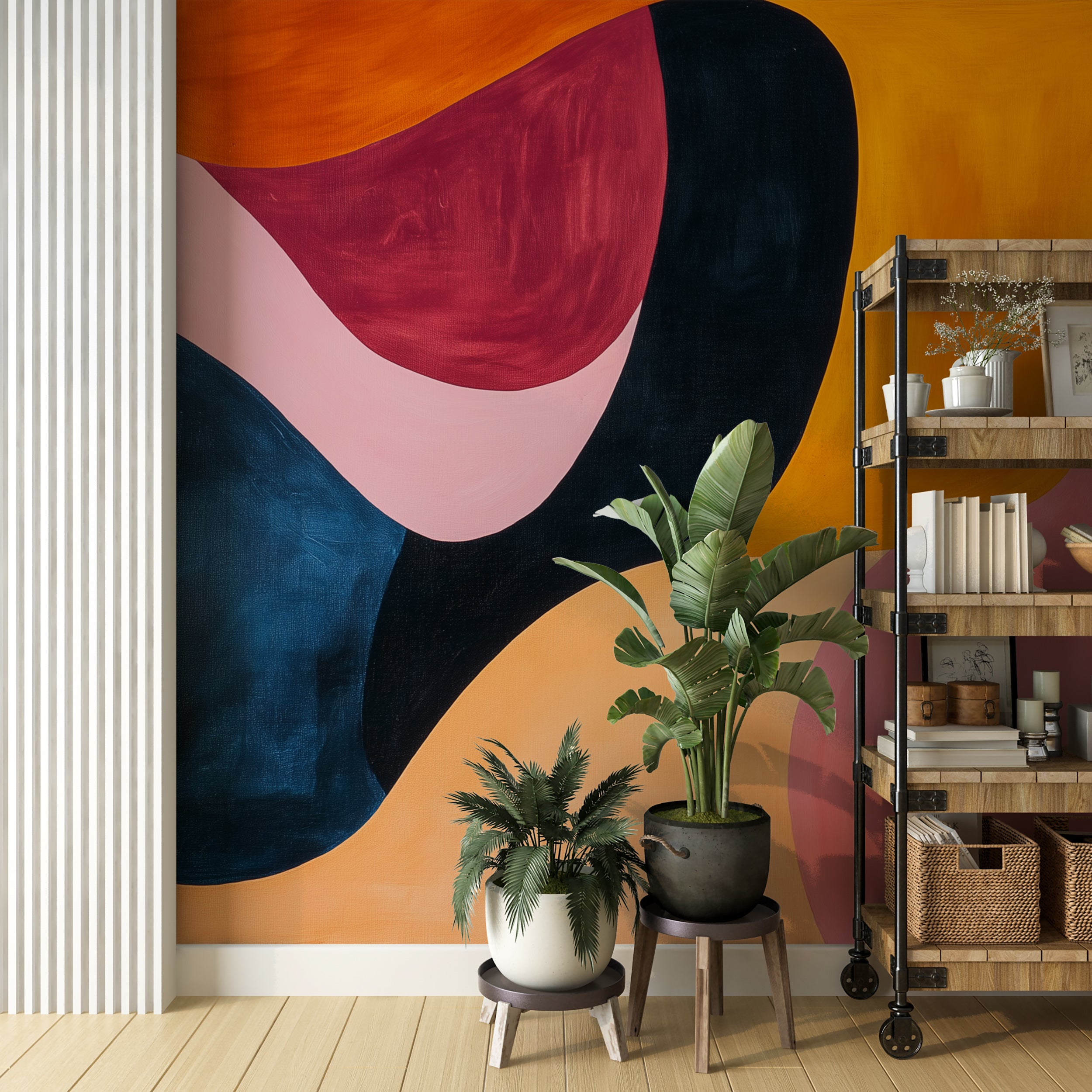 Colorful abstract wall mural with pink, yellow, and black tones.
Contemporary brushstroke mural for modern home decor.