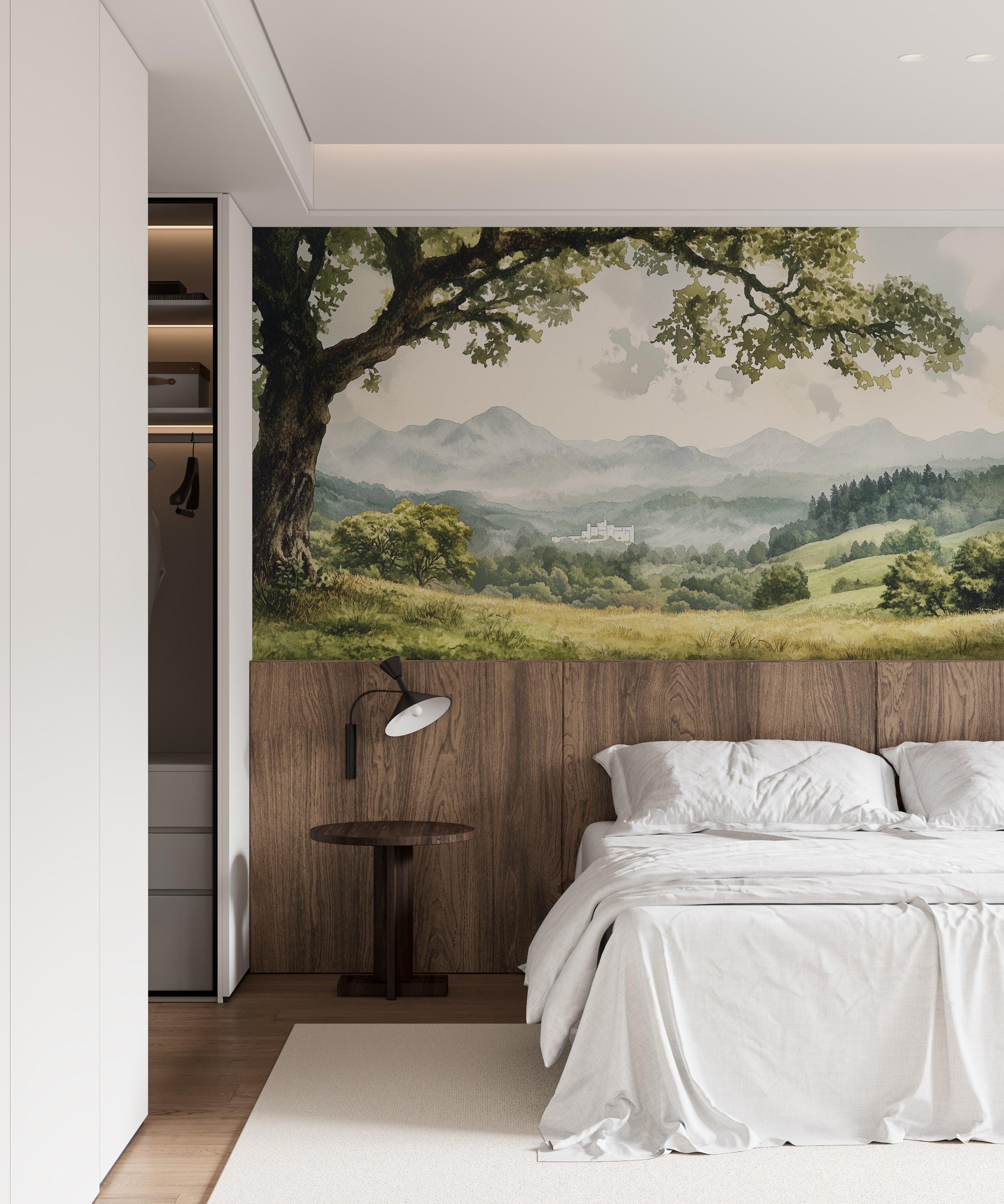 Scenic tree branch wallpaper with mountain valley landscape.
Removable mountain valley and greenery mural for accent wall.