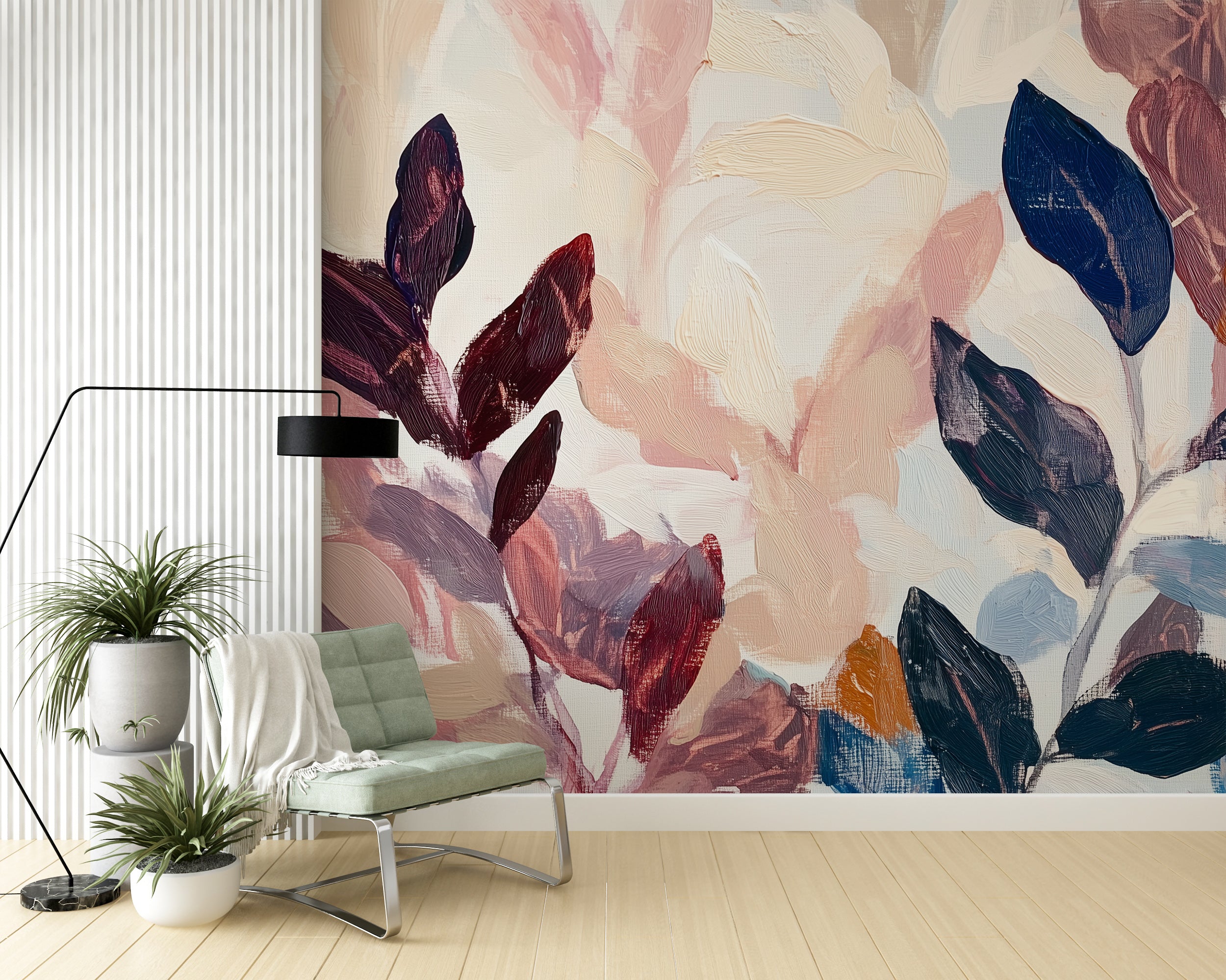 Bold navy and burgundy botanical wallpaper for living room walls.
Removable boho-inspired botanical mural in deep tones.