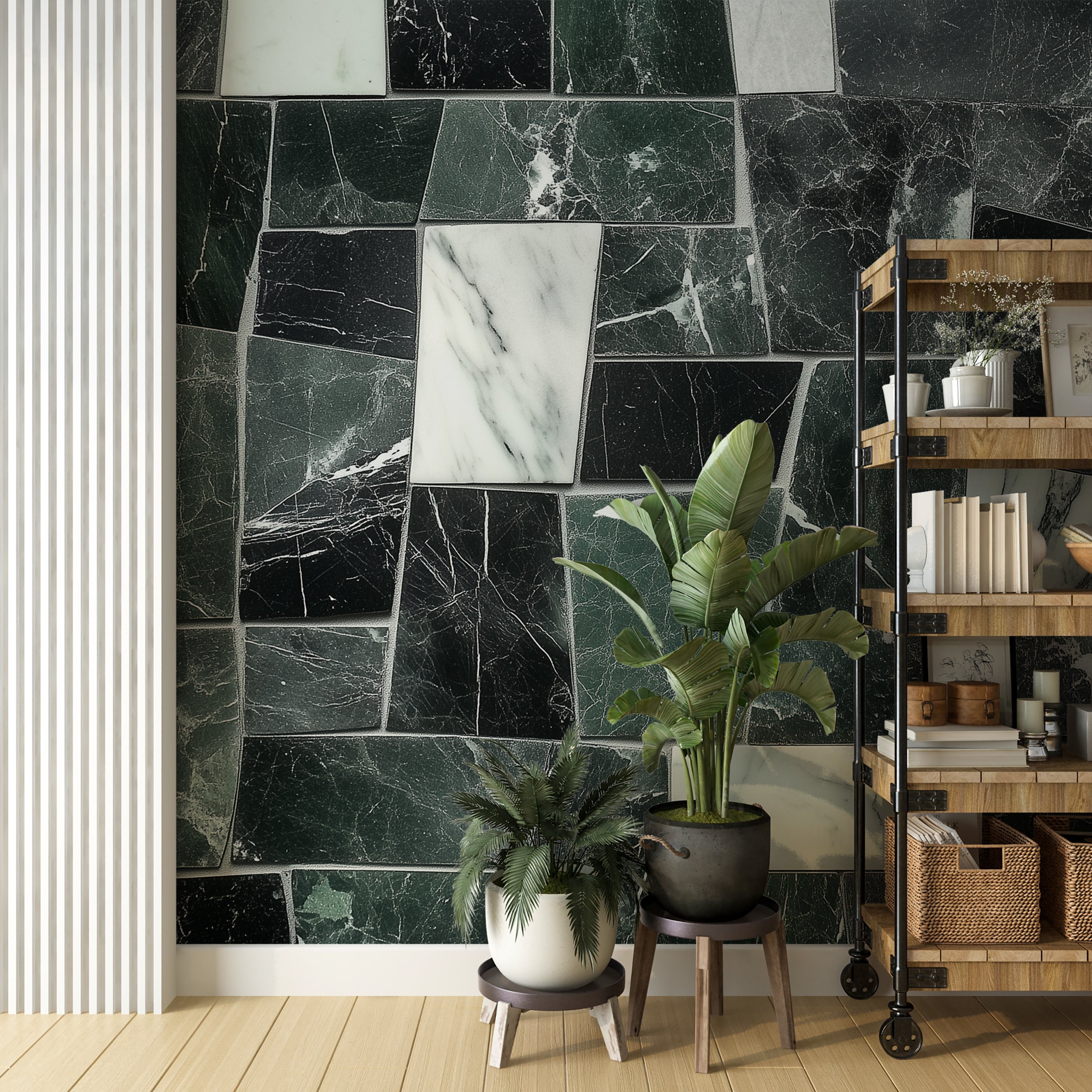 Green and grey marble mural with patchwork stone design.
Peel-and-stick marble tiles wallpaper in green and grey hues.