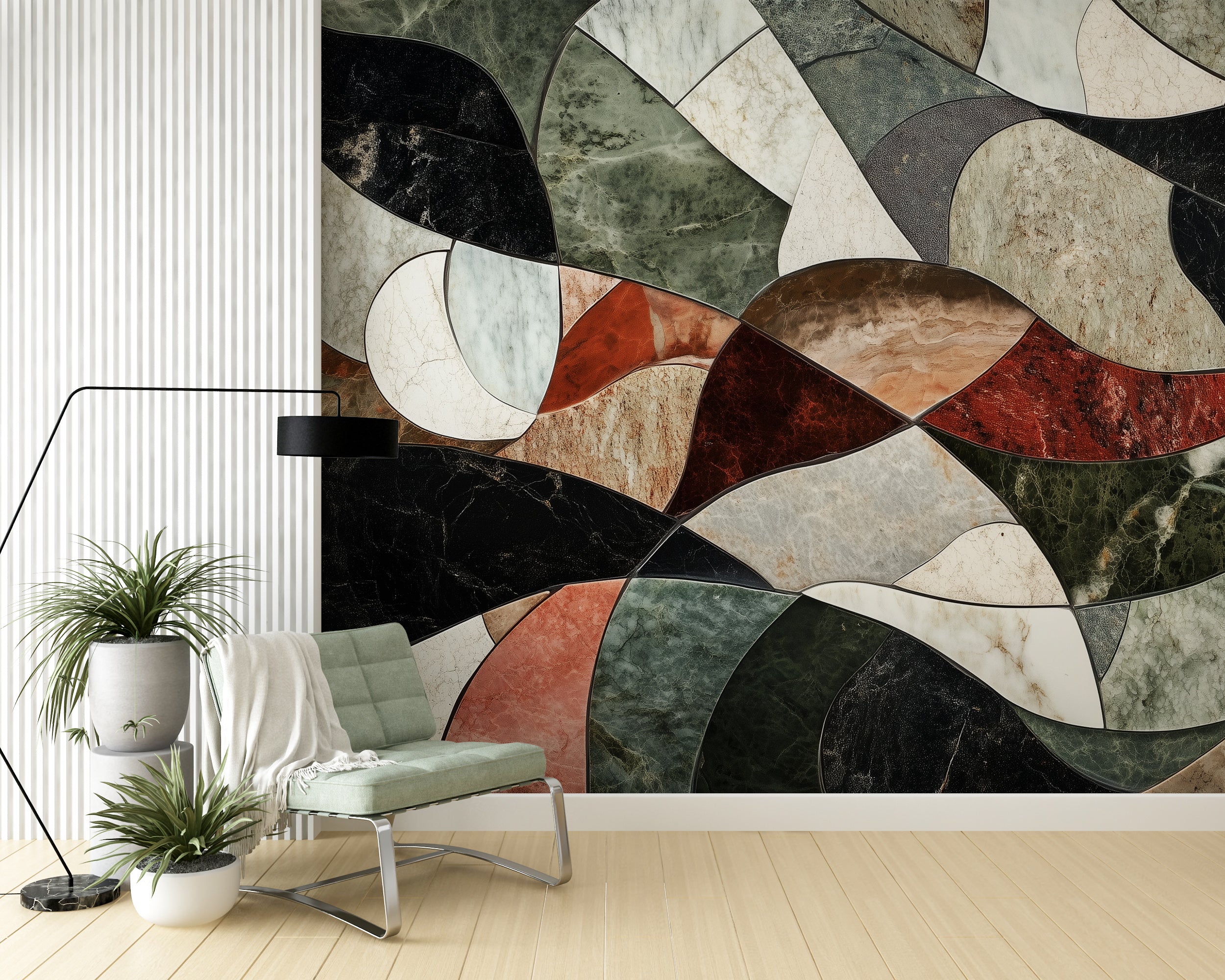 Artistic marble mosaic mural for accent walls.
Geometric stone tiles in a peel-and-stick mural design.