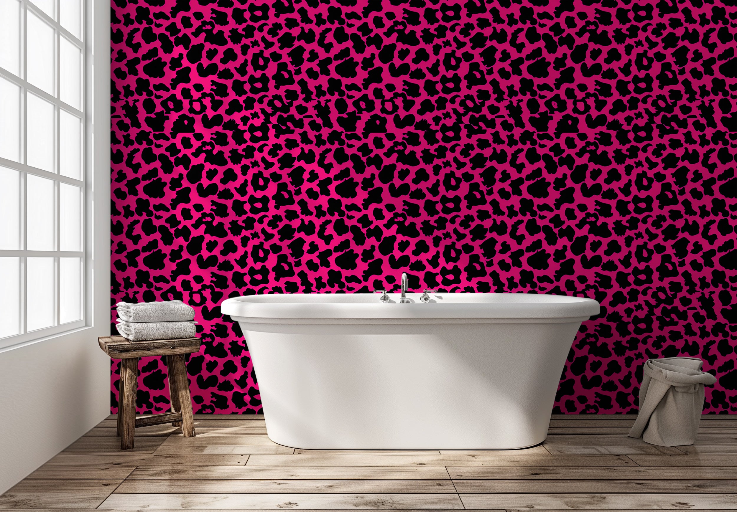 Removable neon pink leopard wall decor Easy-to-apply pink animal print wallpaper