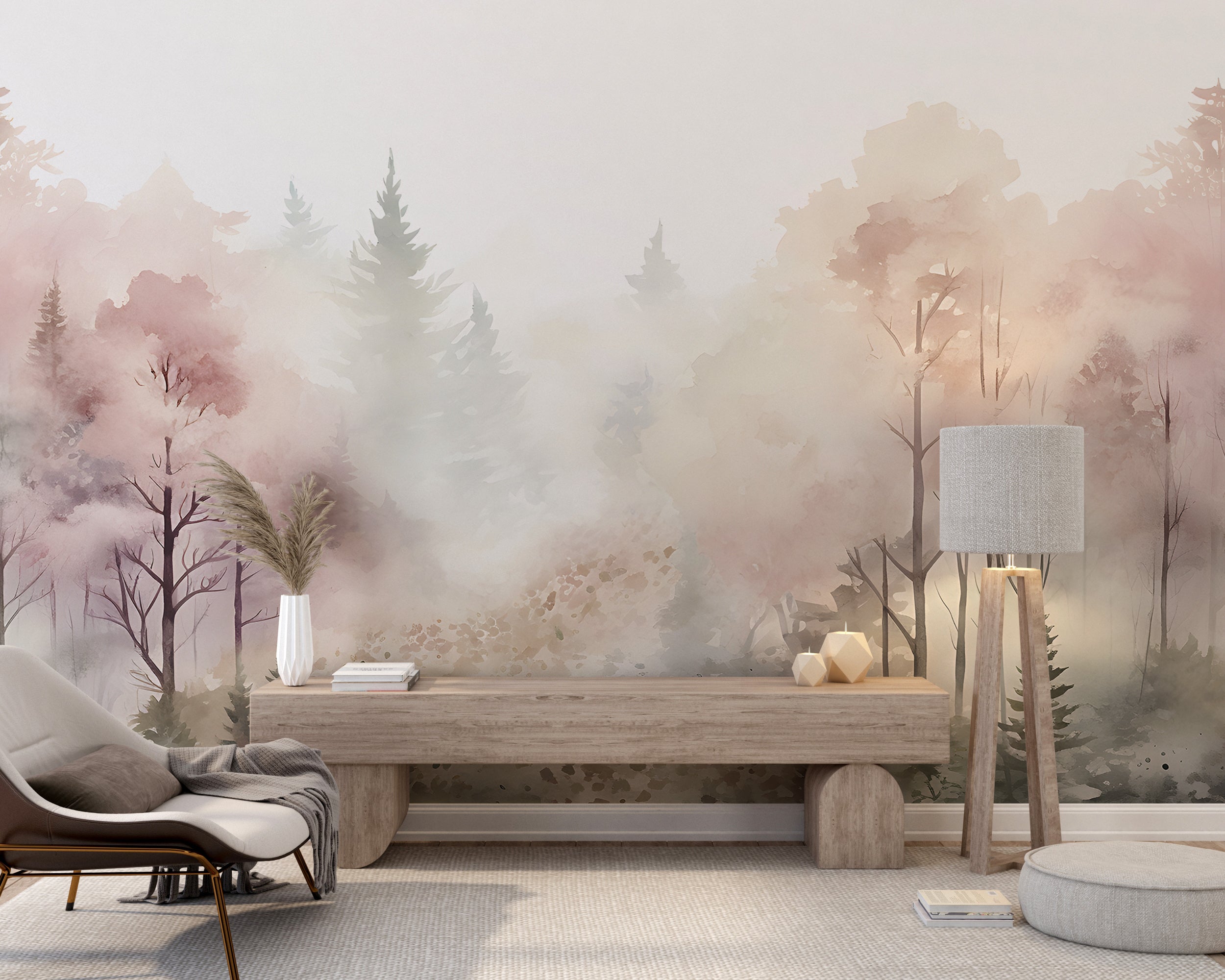 Watercolor Pink Forest Peel and Stick Mural