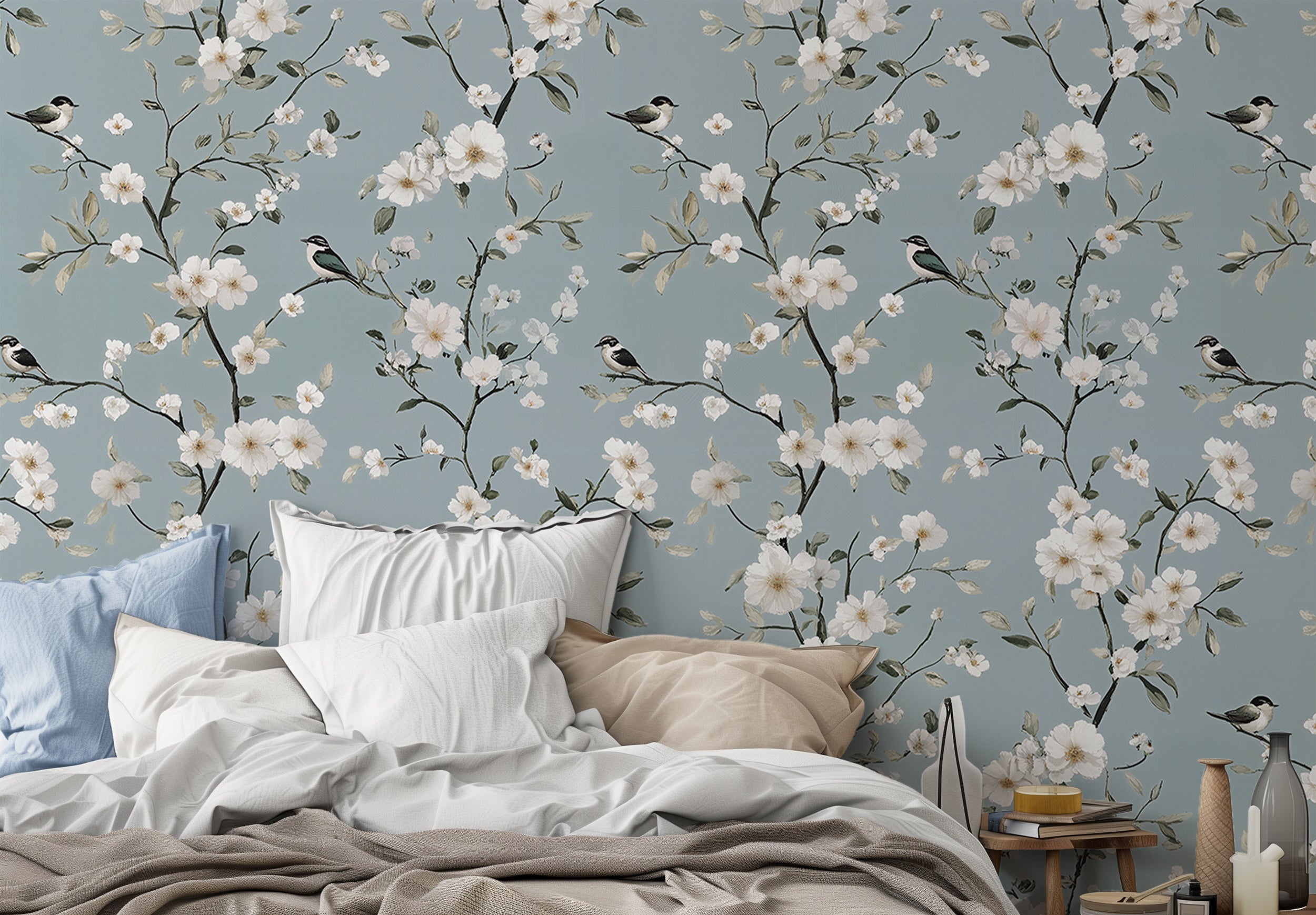 Vintage Chinoiserie wall art
Classic birds and flowers wallpaper