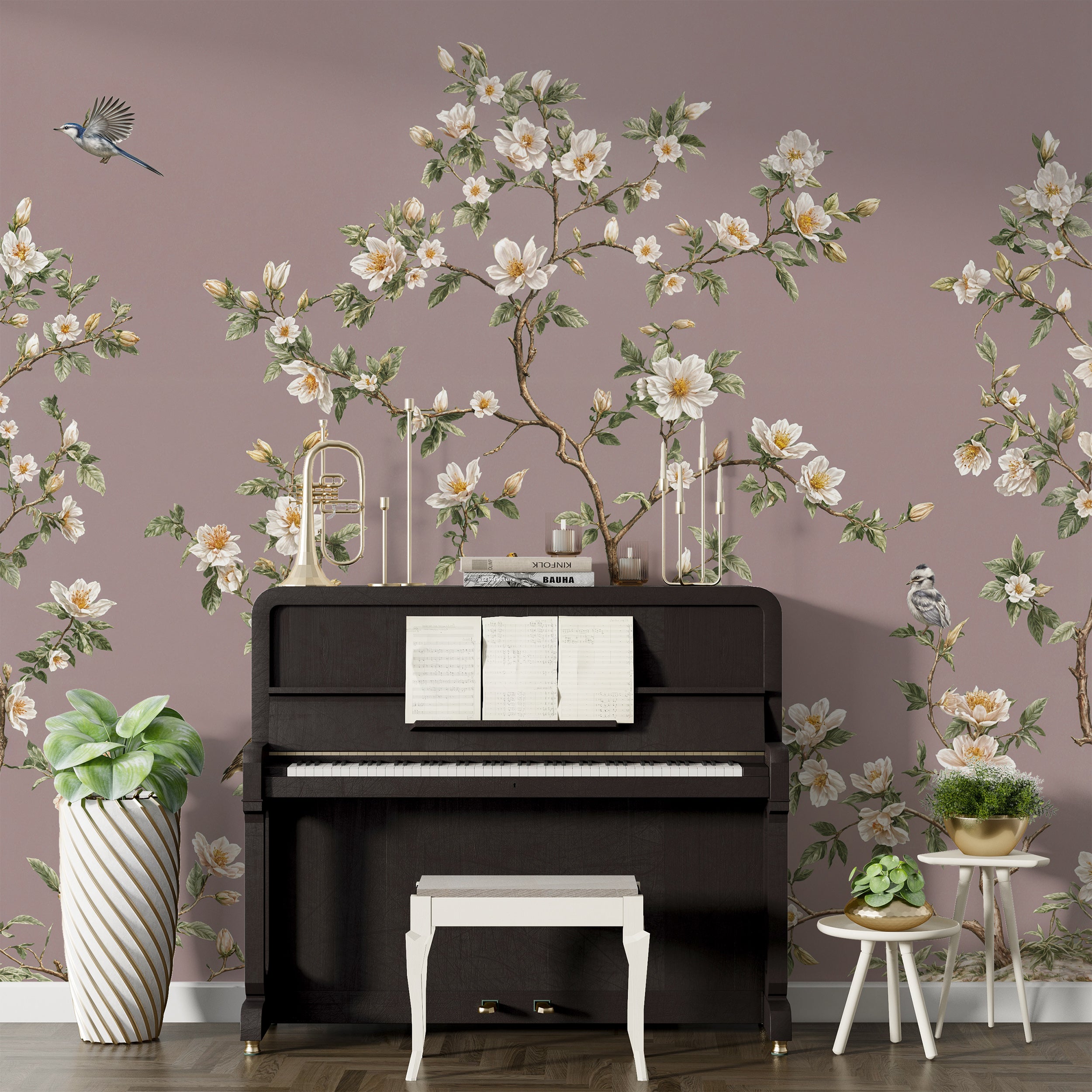 Dusty Rose Chinoiserie Wallpaper with White Cherry Blossoms and Birds Botanical Tree Branch Removable Wall Mural