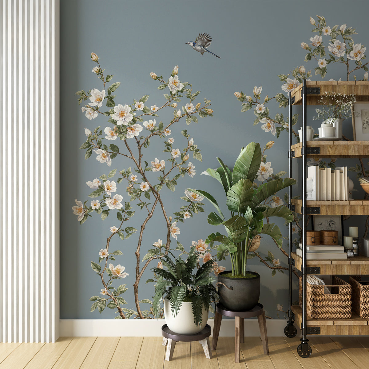 Dusty Blue Chinoiserie Wallpaper with White Cherry Blossoms and Songbi