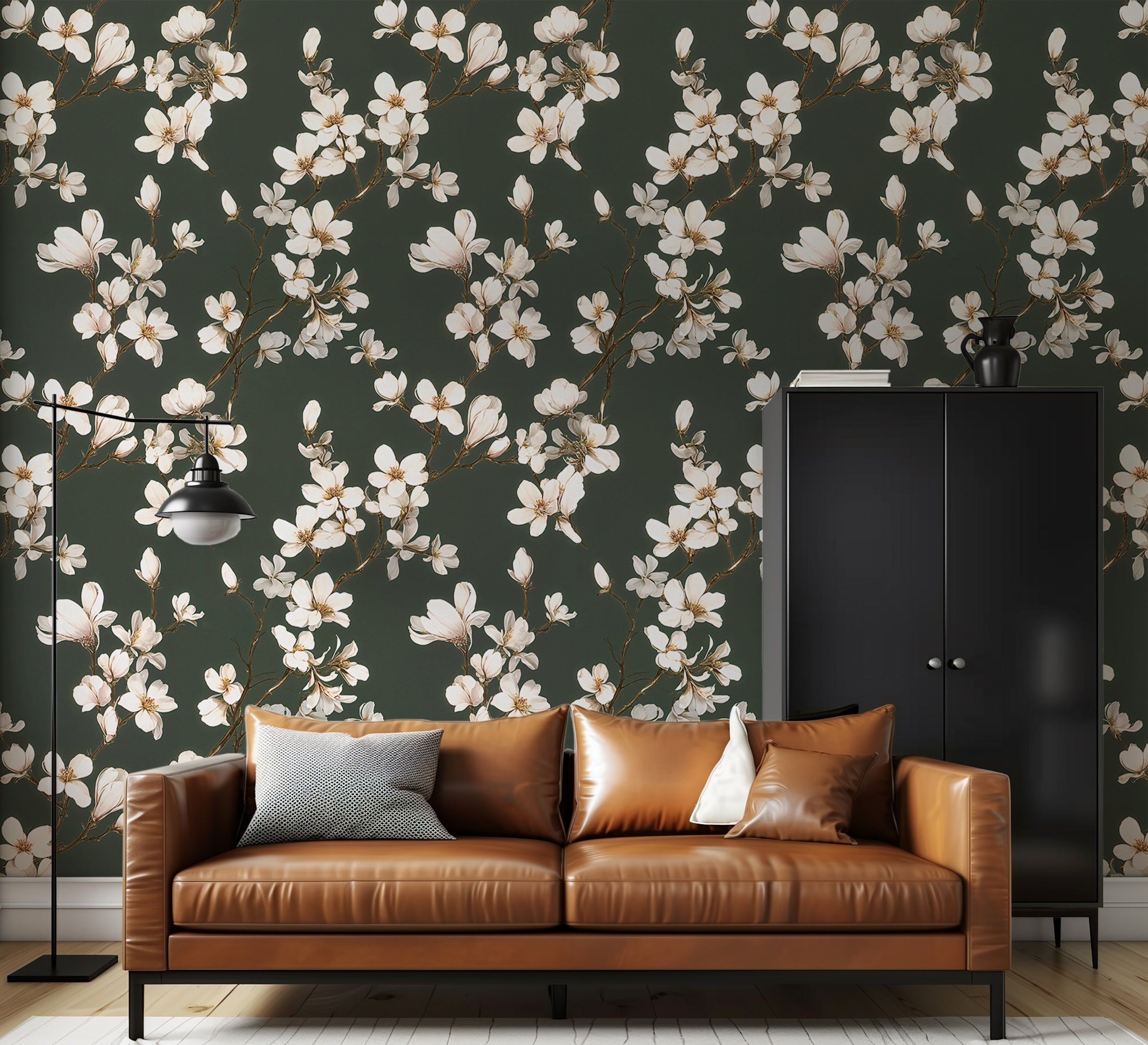 Muted Green White Magnolia Wallpaper Floral Peel and Stick Dark Background Watercolor Blossom Branches Decor