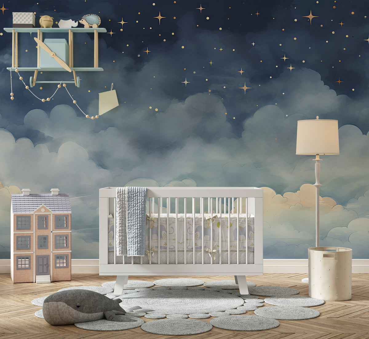 Blue Sky With Stars Mural - Nursery Peel and Stick Night Sky Wallpaper