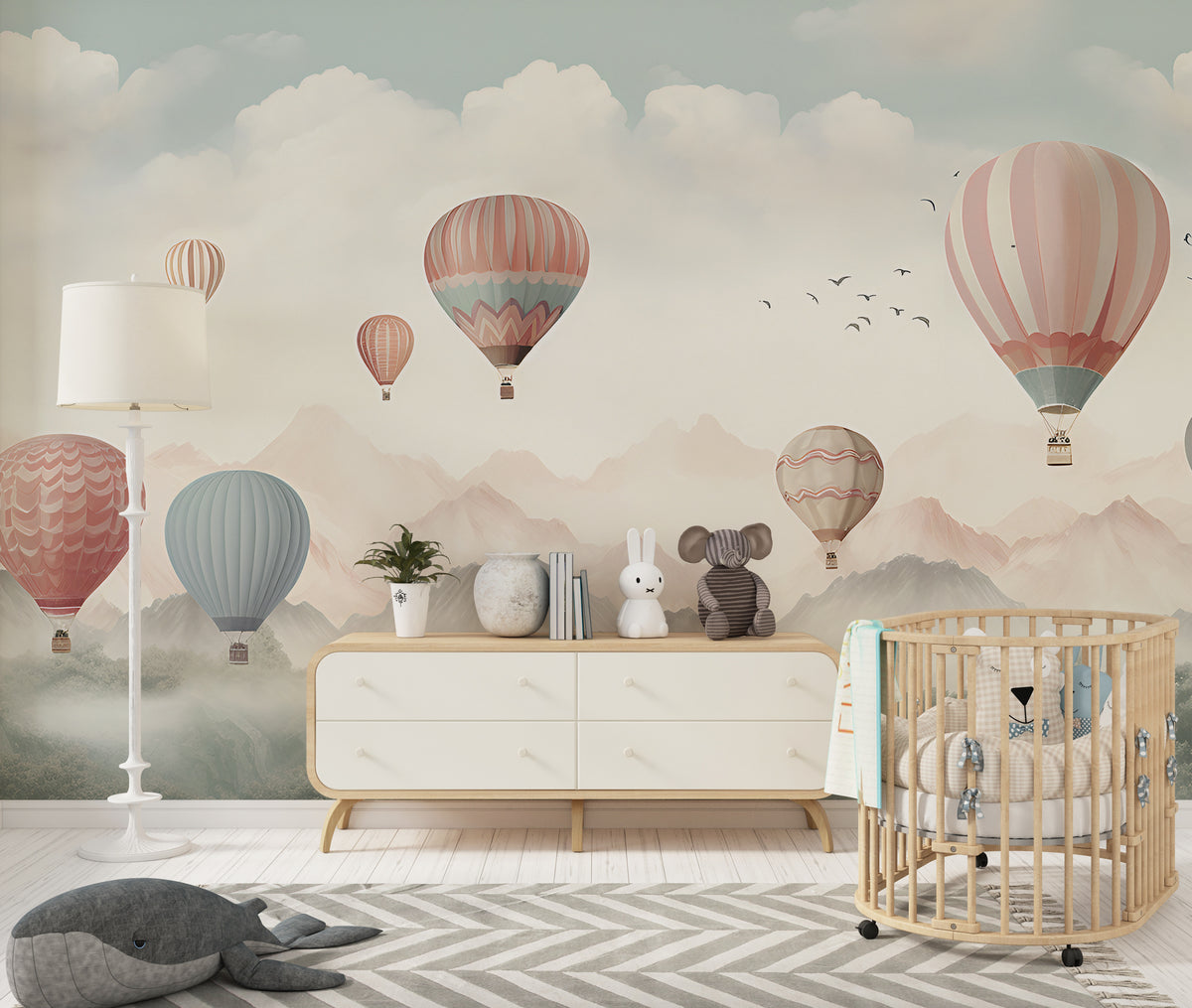 Nursery Hot Air Balloons Wall Mural - Mountains Landscape Mural