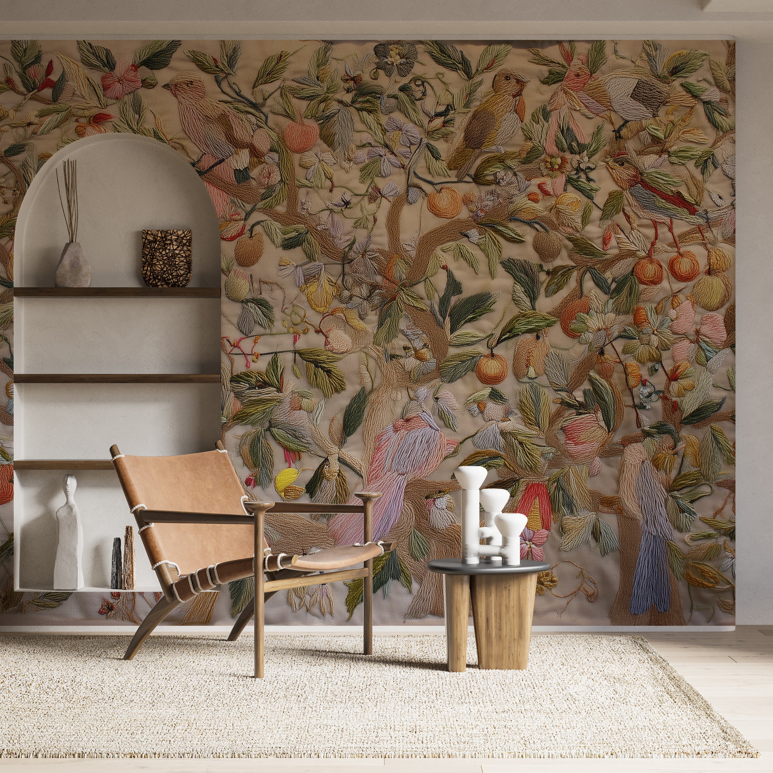 Abstract embroidered floral wall decor

Vibrant bird and bloom wallpaper