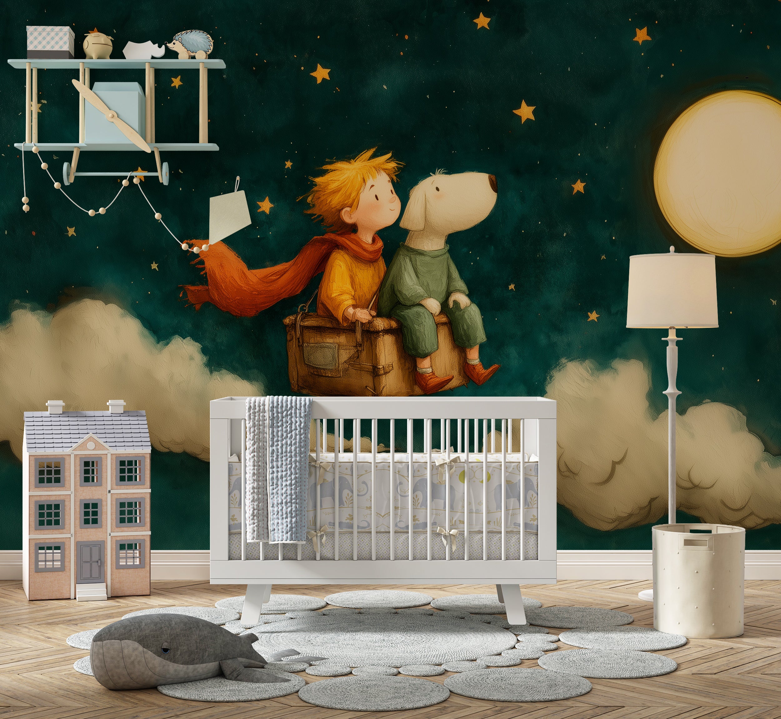 Night sky cartoon mural for nursery

Soft pastel stars and clouds mural