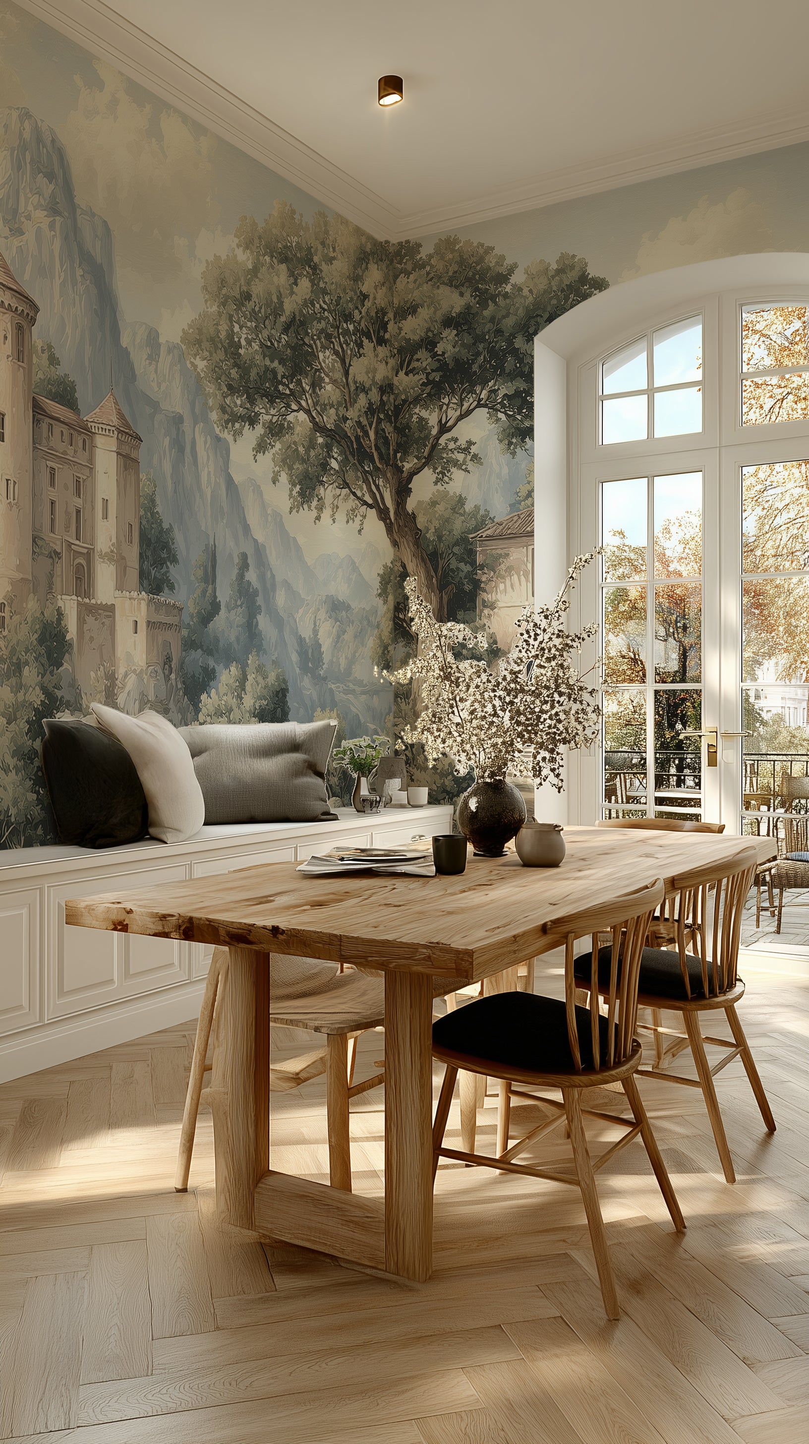 Vintage wall mural of European castle in nature

Muted landscape with historic castle and pine trees