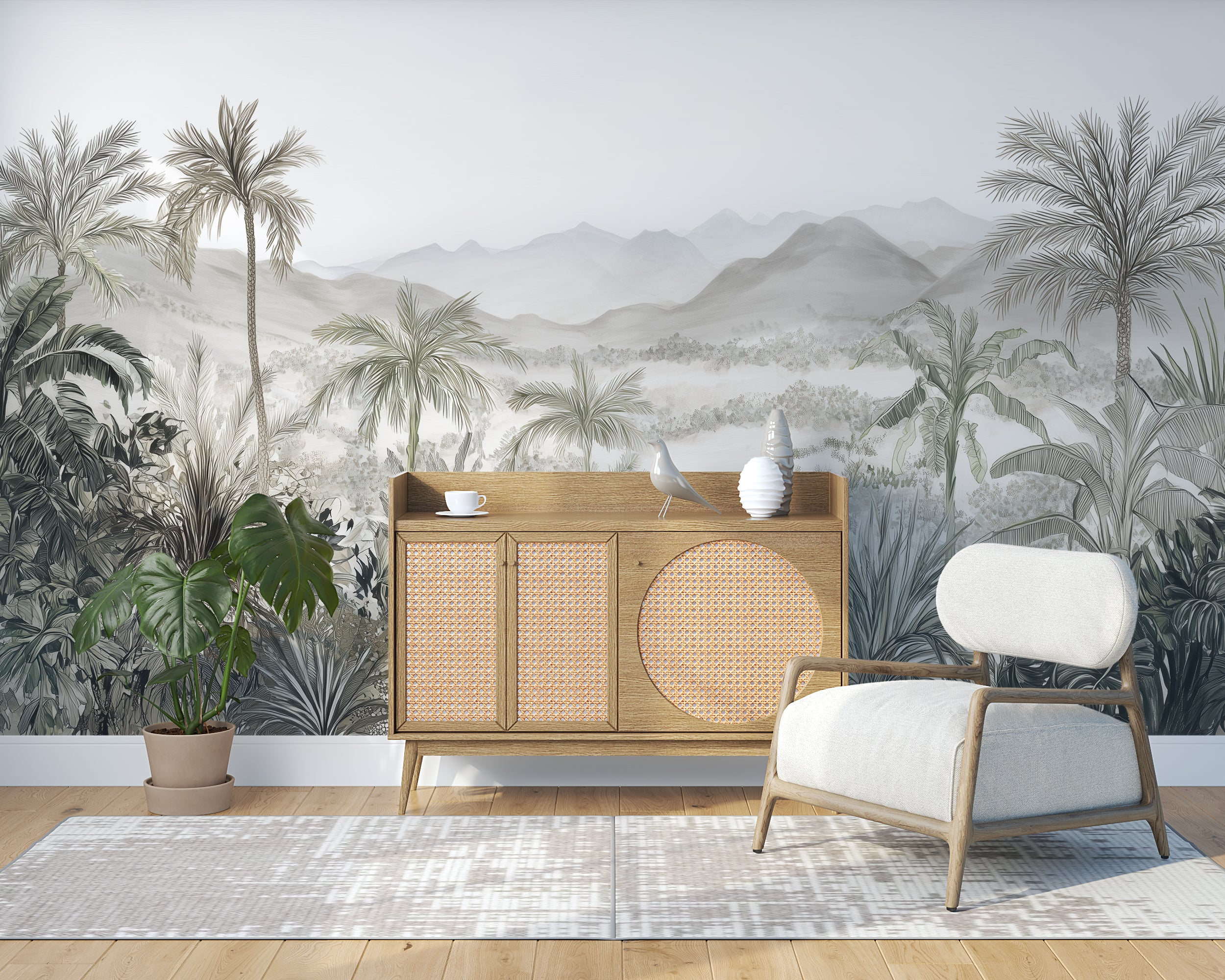 Monochrome jungle mural with mountain background

Neutral wall mural with palm trees and distant hills