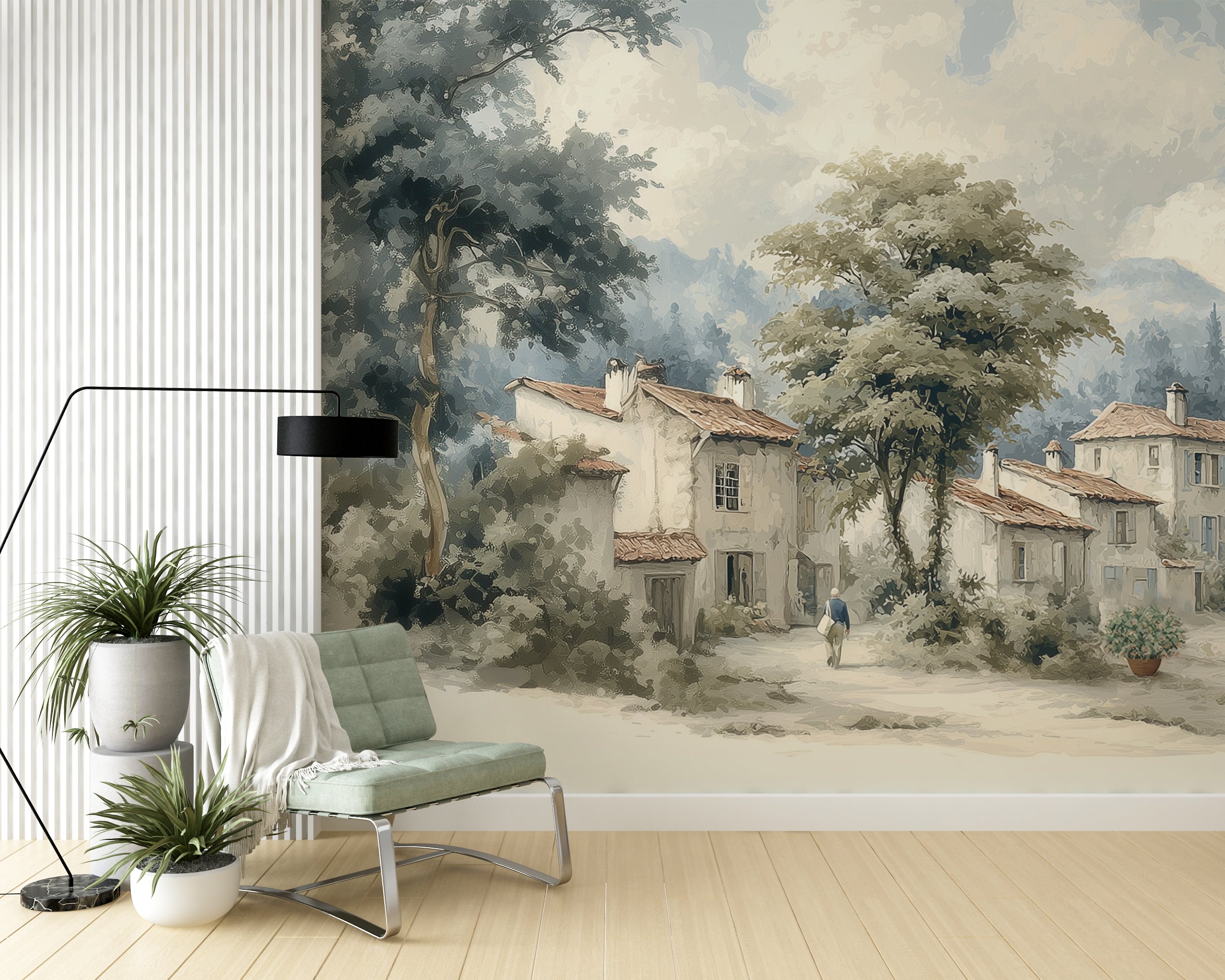 Wall mural of a historic European town

Hand-painted old village mural with tower