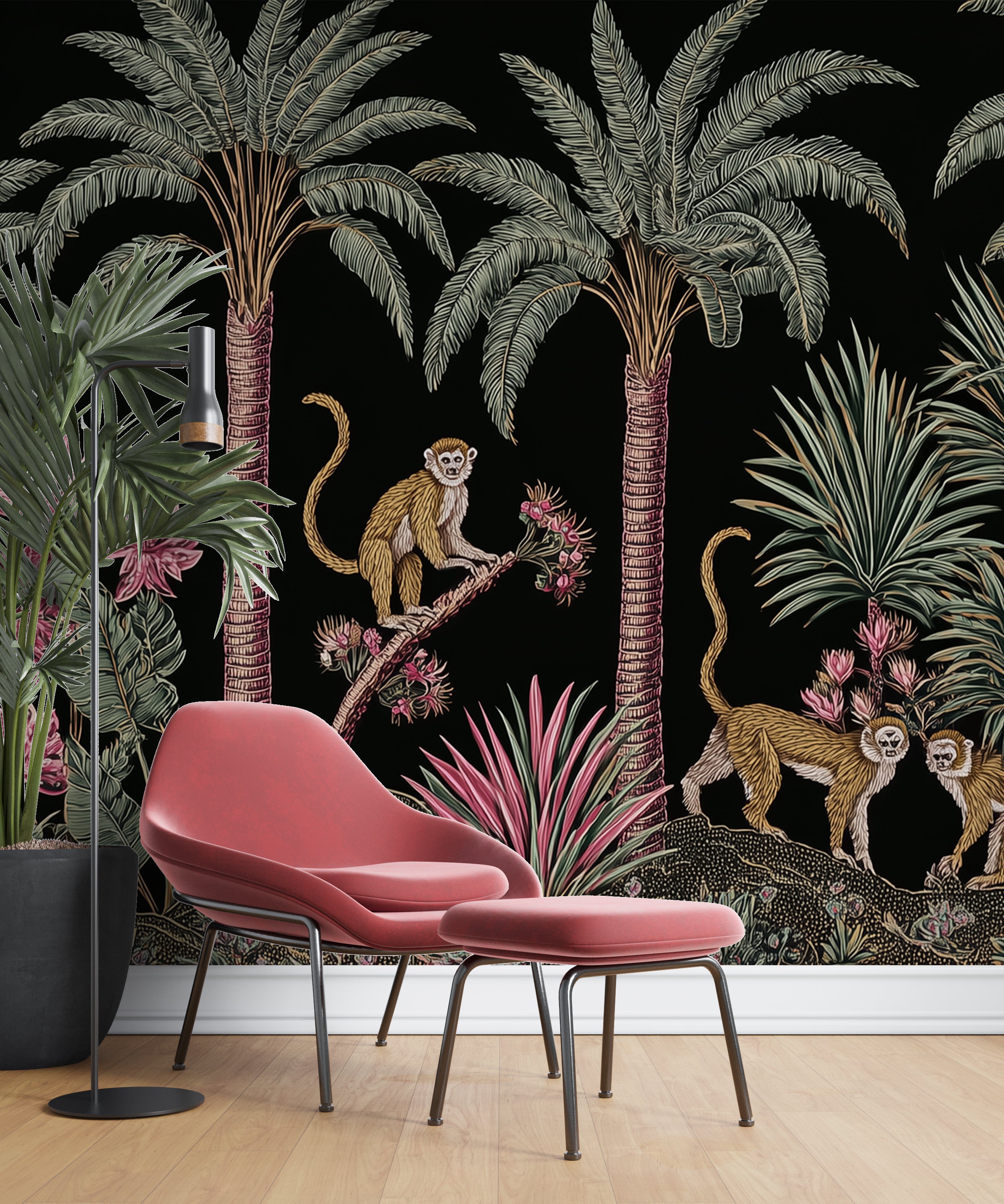 Illustrated monkey and palm tree mural for kids’ room

Dark jungle mural with vibrant botanical pattern