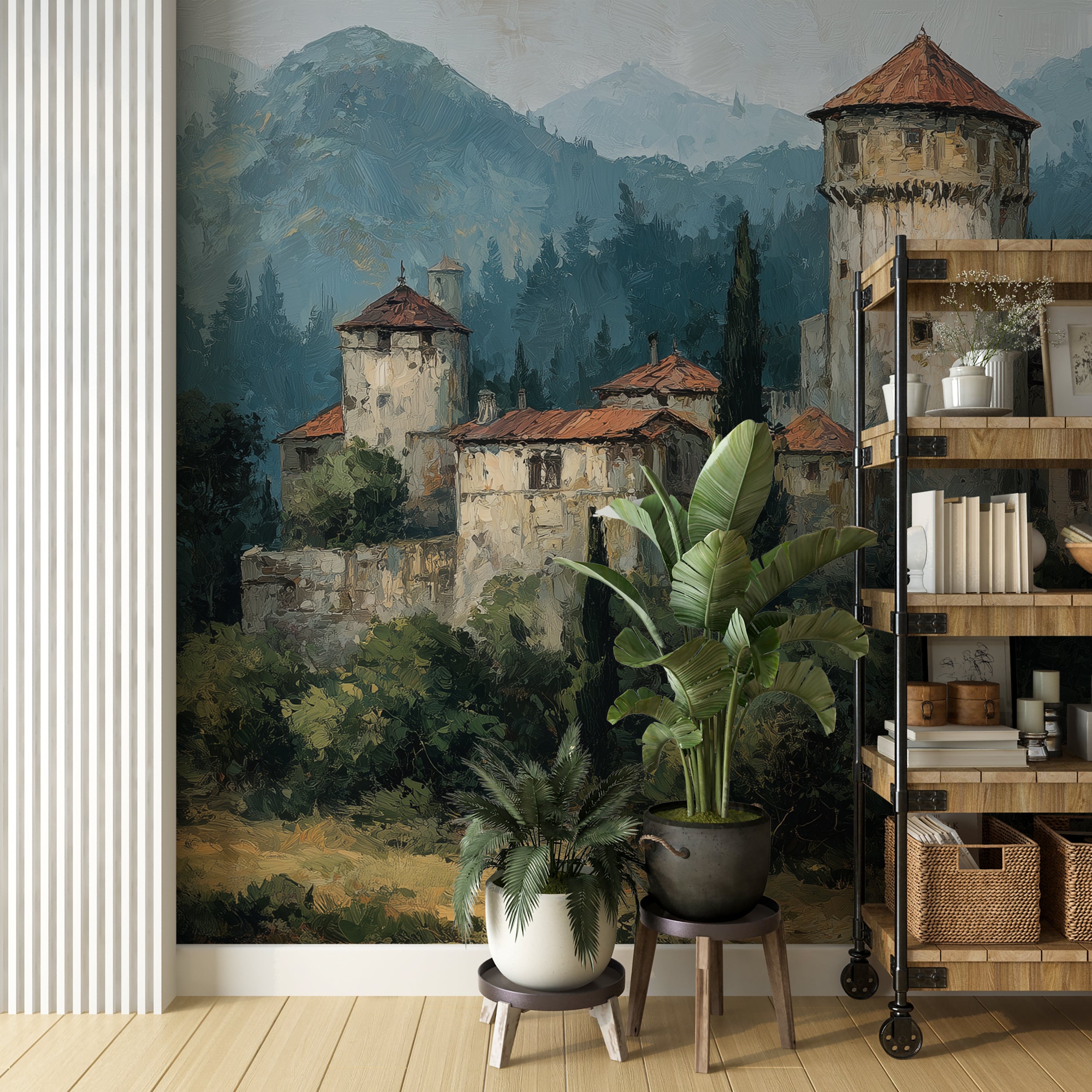 Old Castle in Blue Forest Mural Vintage Tower Landscape Painting Wallpaper Fairytale Wall Art