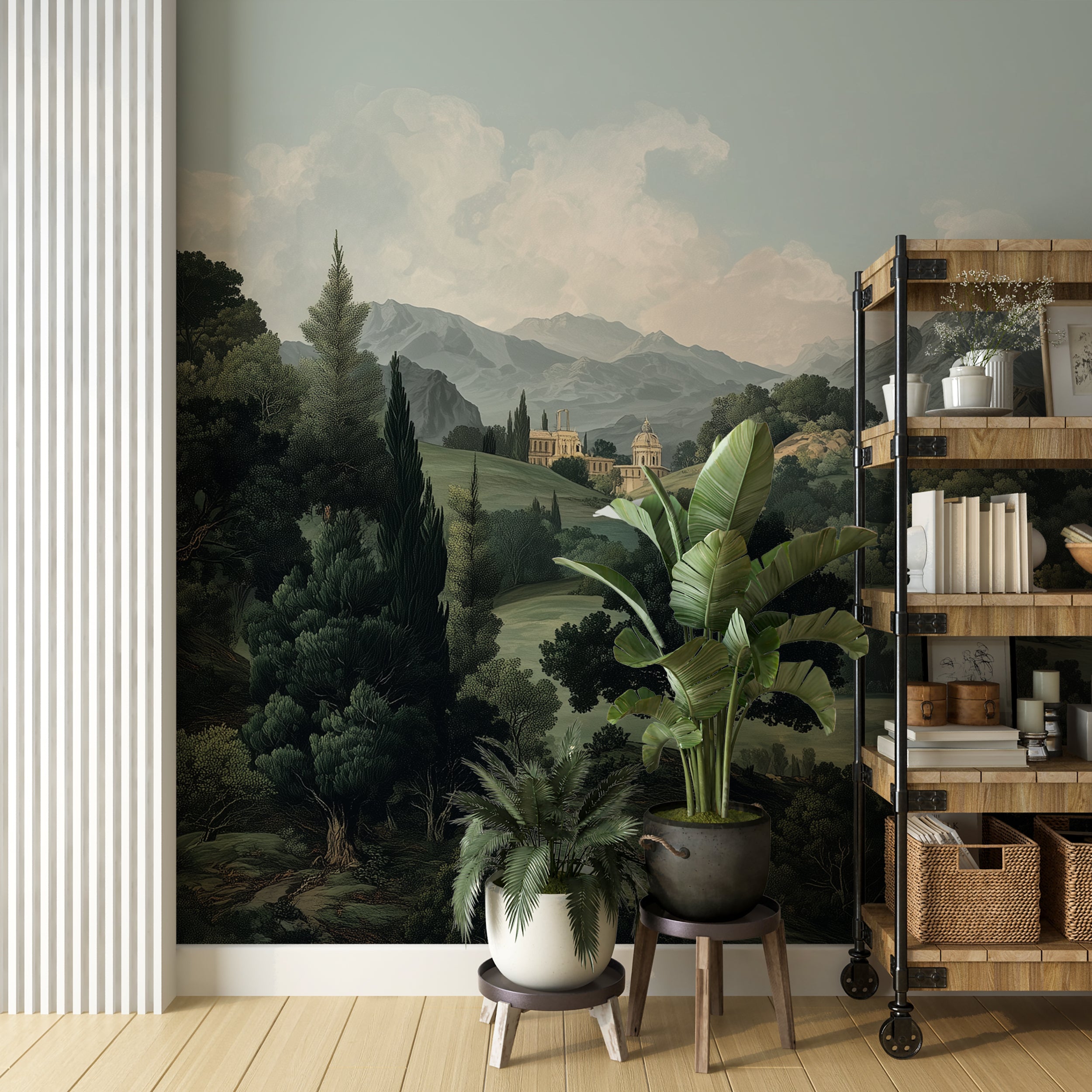 Italian Countryside Wallpaper Mural Classical Hills and Forest Landscape with Villa Architecture Scenic Wall Art