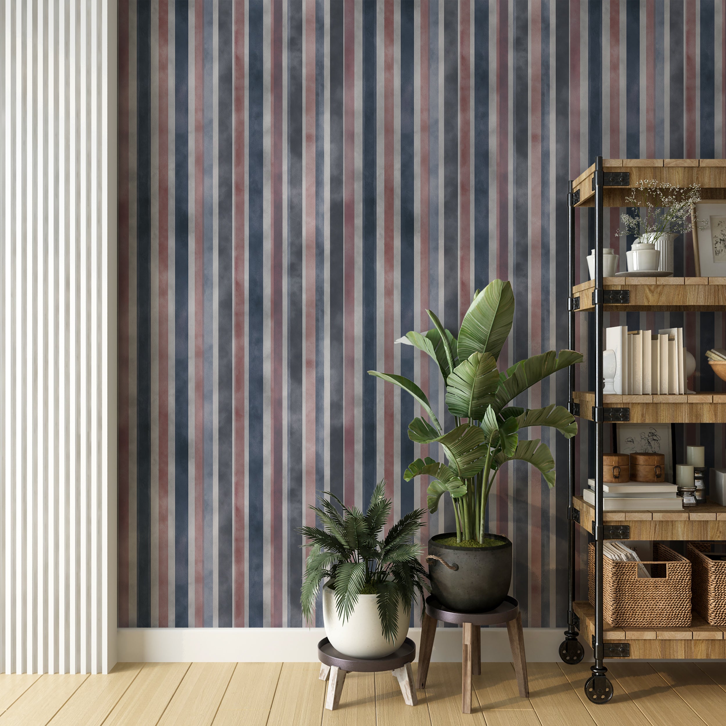 Gentle Grey Red Blue Stripes Mural

Vertical Painted Stripe Wallpaper Design