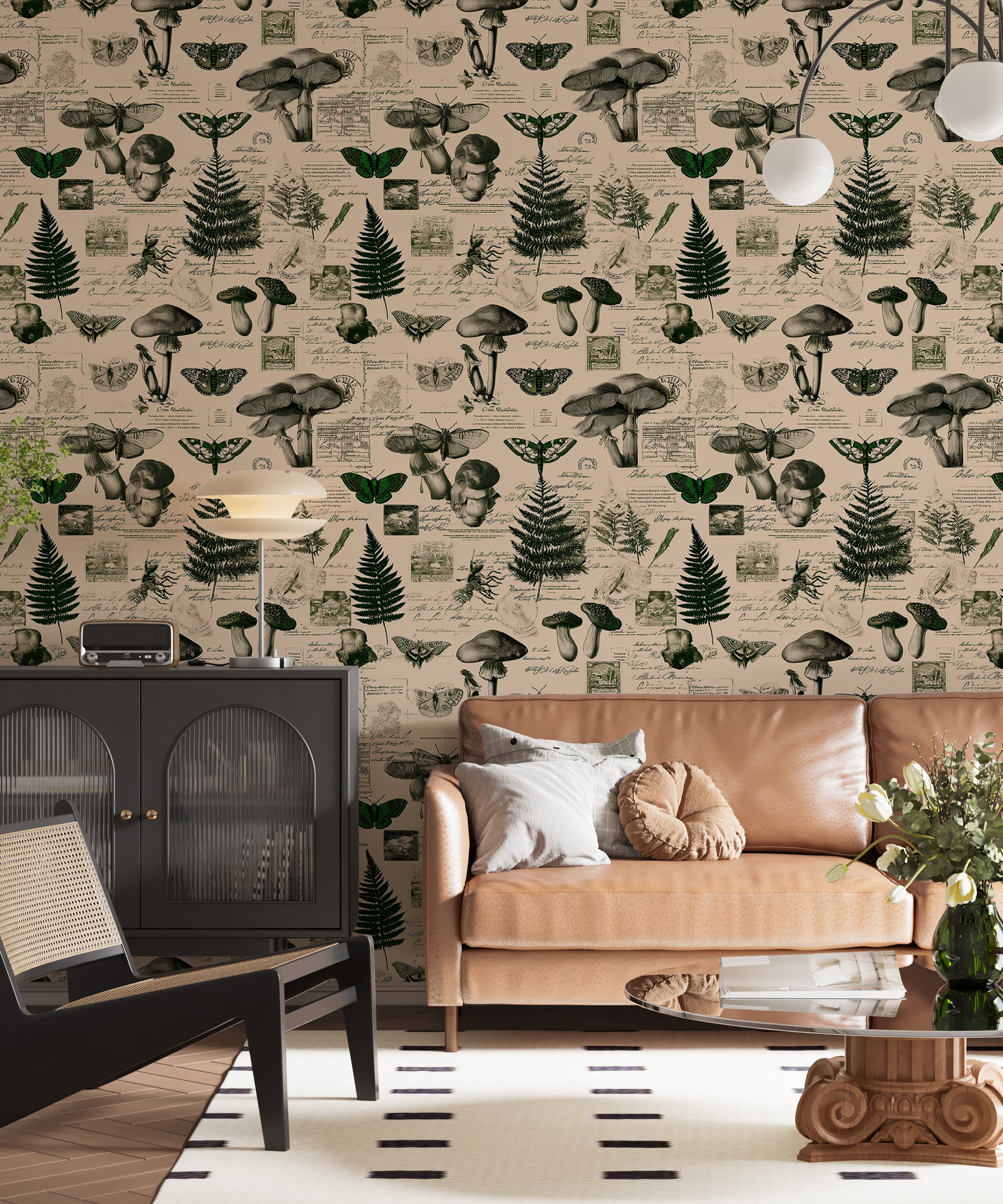Vintage Botanical Collage Wallpaper with Mushrooms Ferns and Moths