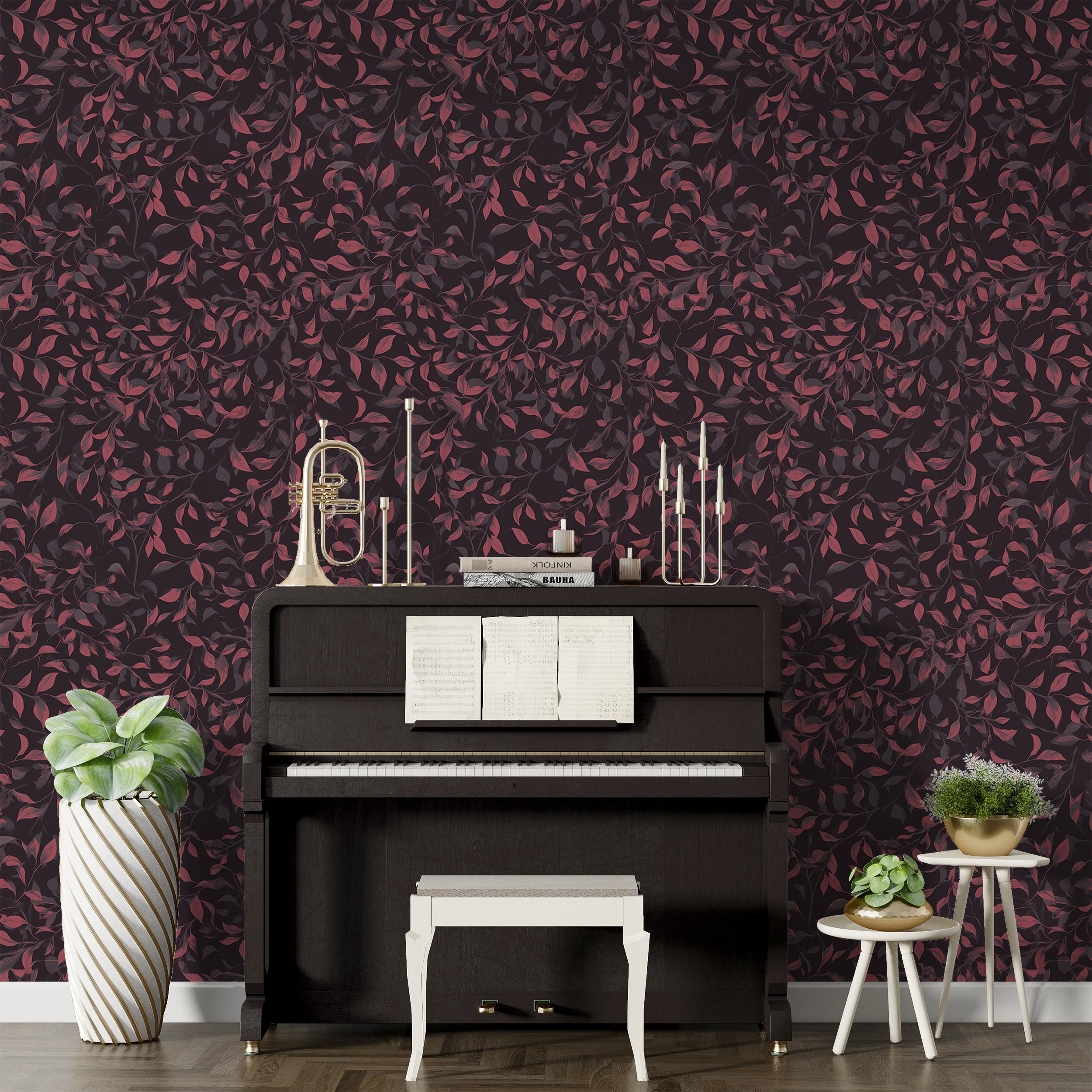 Nature-inspired botanical mural with red leaves

Deep crimson vine wallpaper artwork