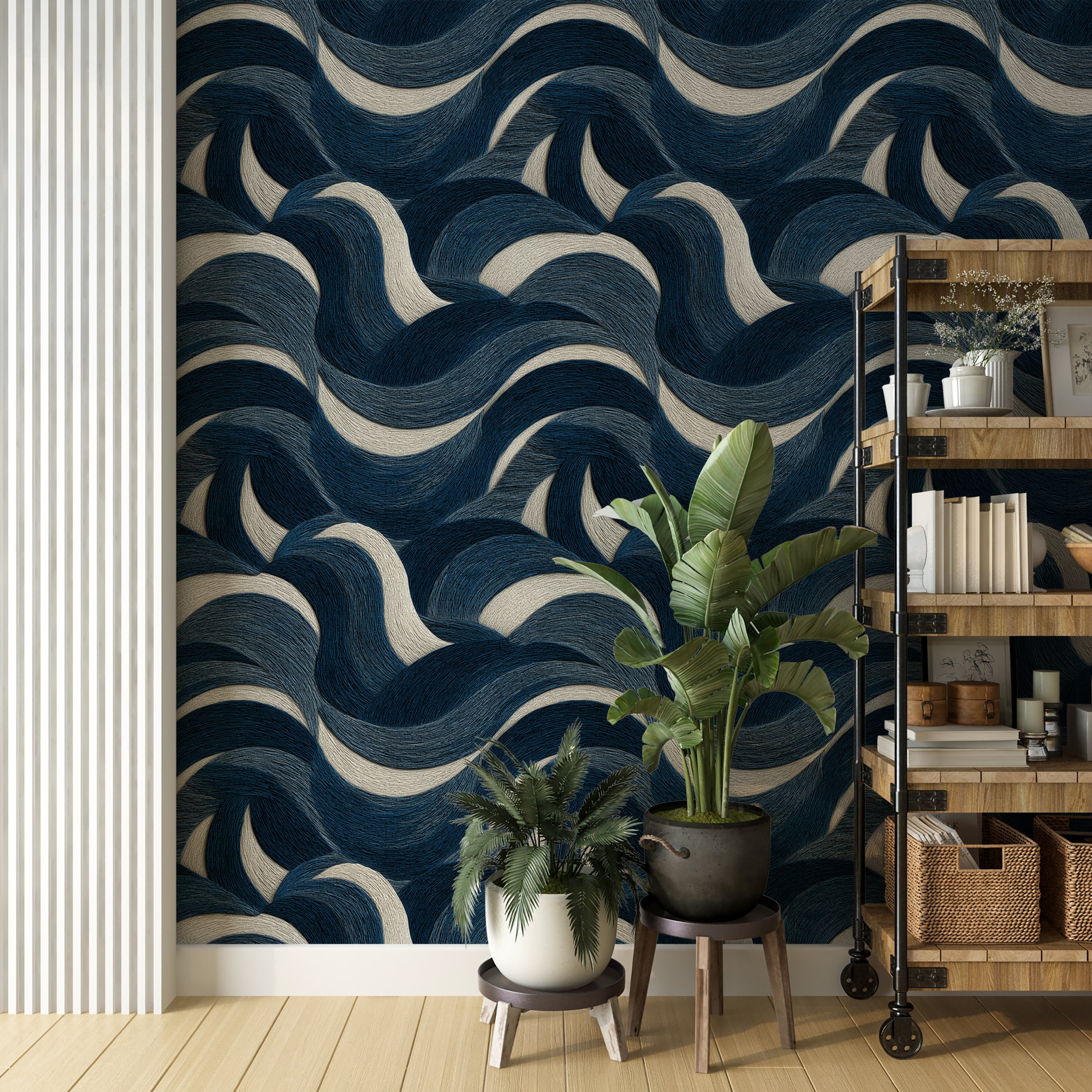 Abstract wave pattern wall covering

Wallpaper with bold navy and cream curves
