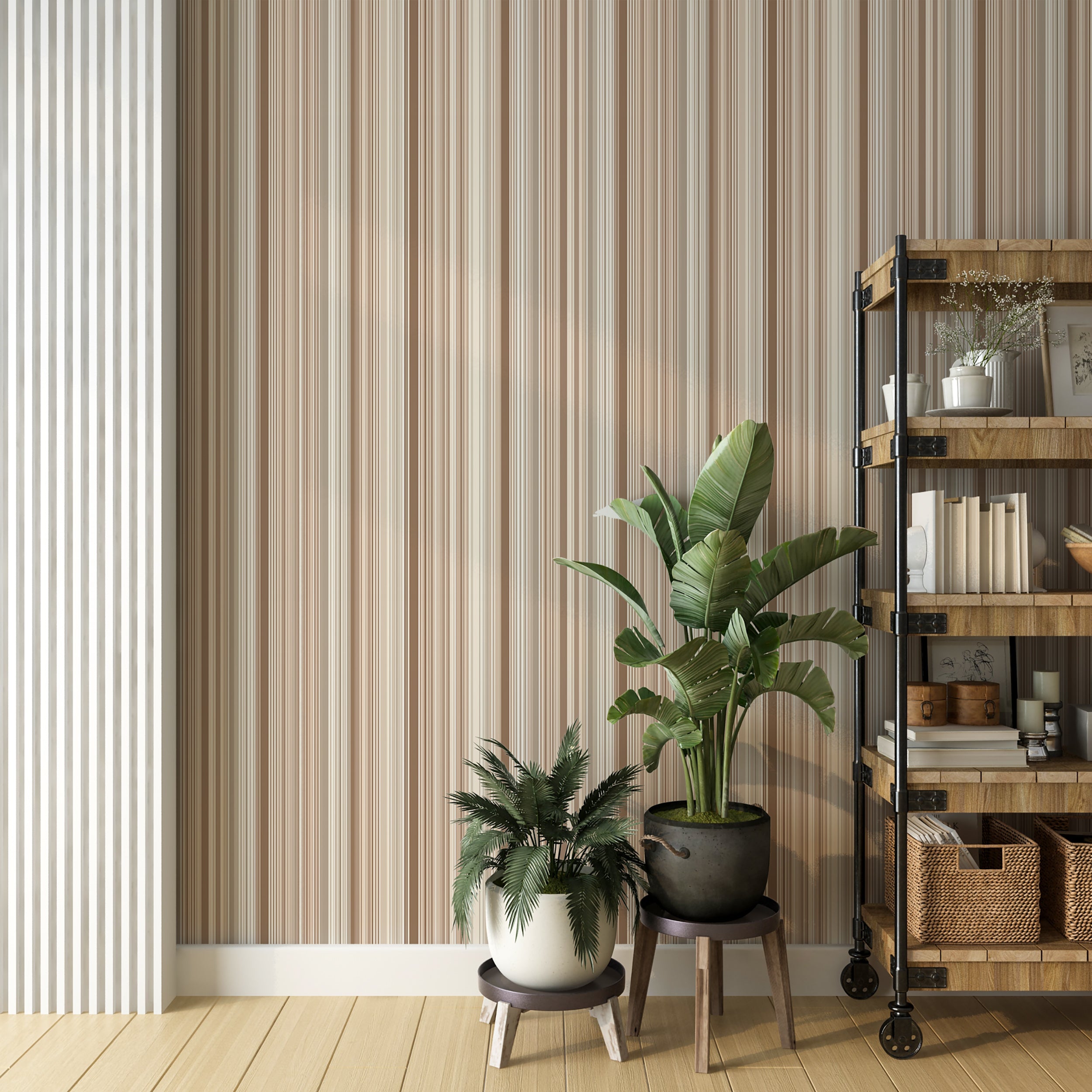 Brown and cream wall stripes

Elegant beige striped wallpaper for interiors