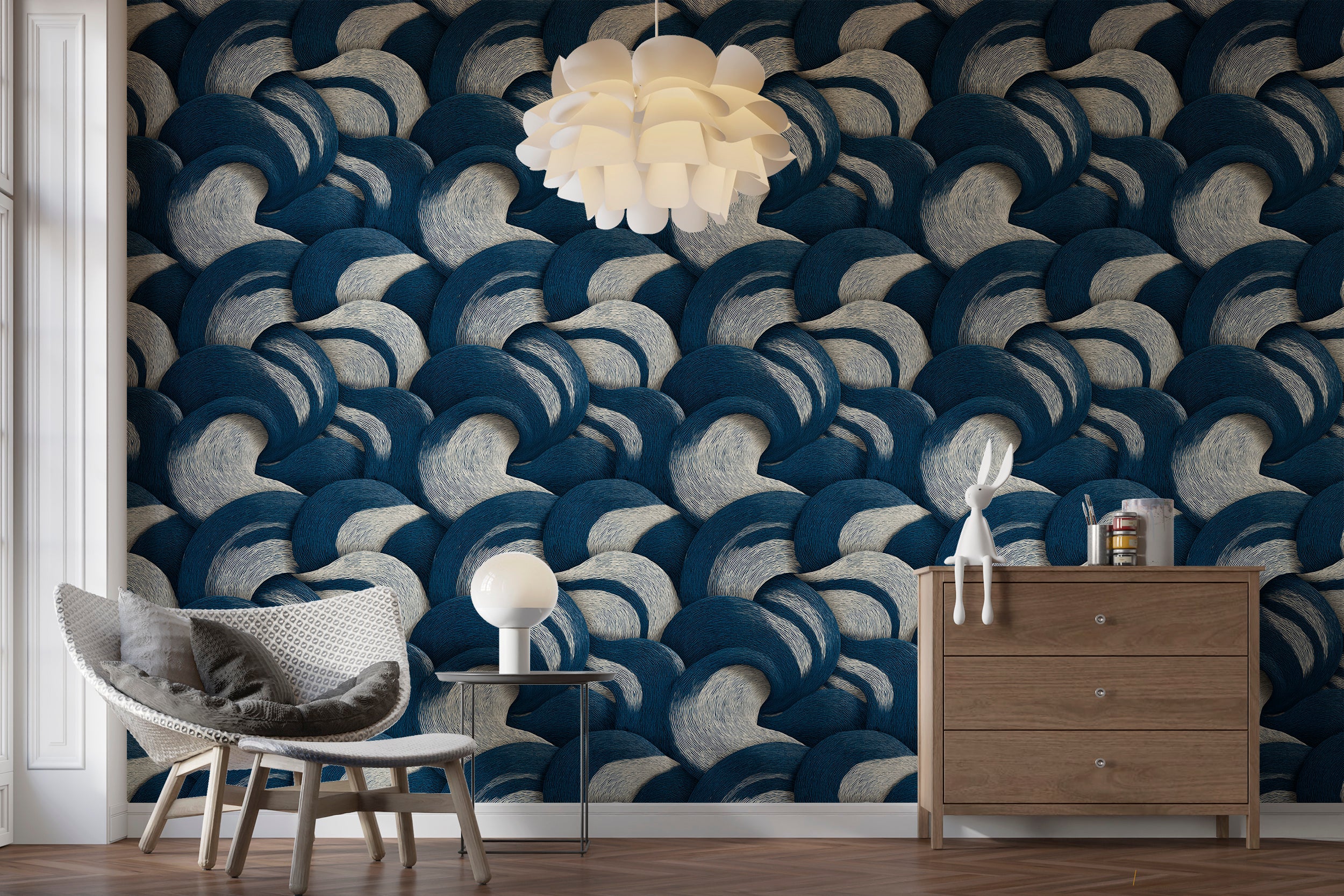 Deep blue and white swirl wall covering

Artistic wave motif wallpaper texture