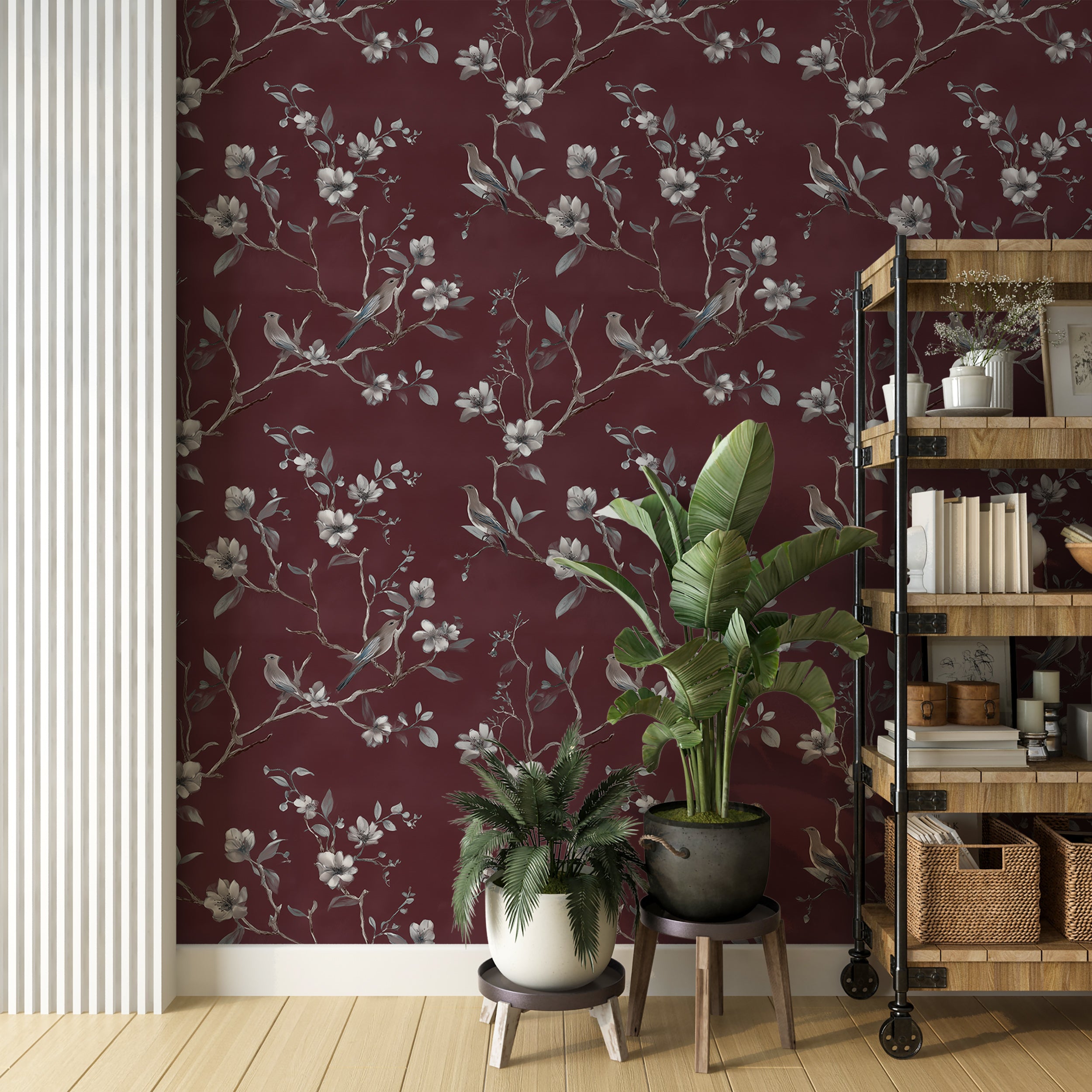 Botanical mural with burgundy backdrop

Nature themed wallpaper with branches and birds