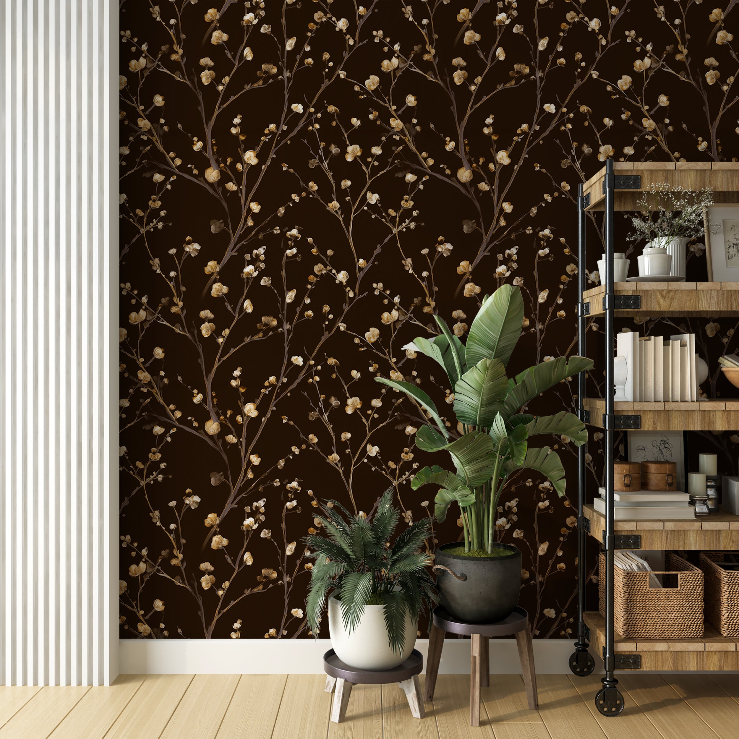 Floral mural with fine branch details

Delicate golden flower pattern wallpaper