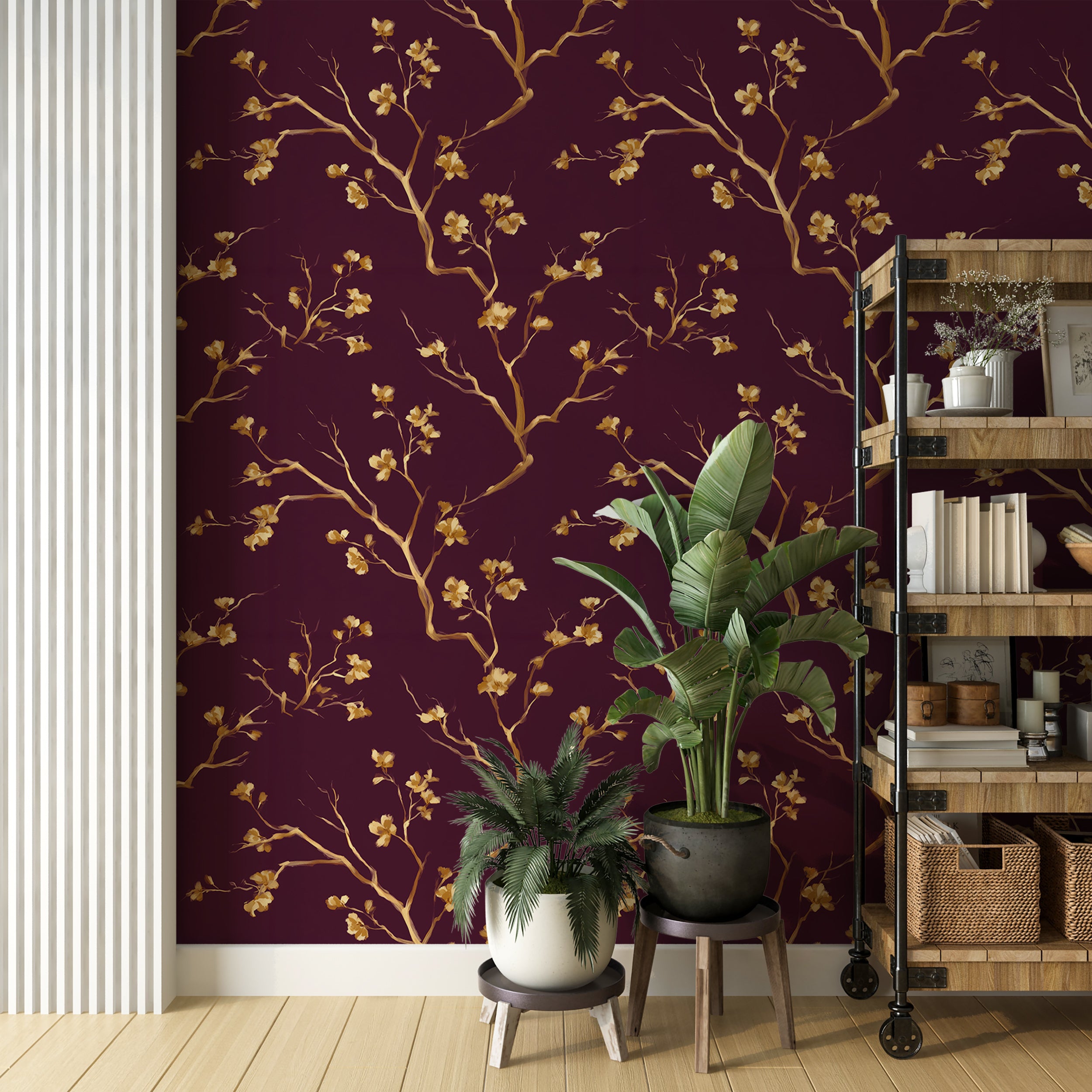 Botanical wall covering with gold branches

Floral pattern on rich plum base