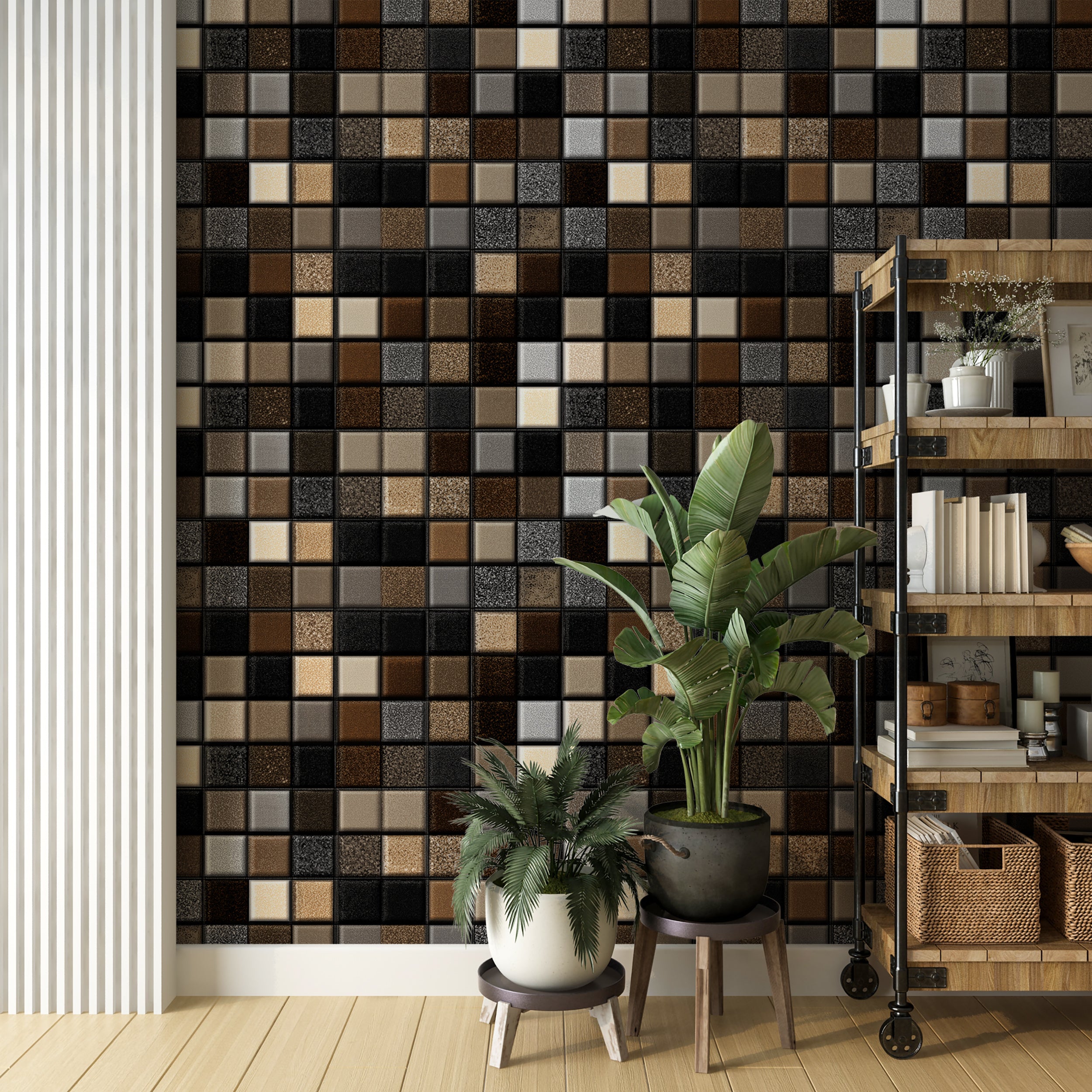 Brown Beige Black Mosaic Tile Wallpaper Pattern With Glossy Ceramic and Geometric Squares