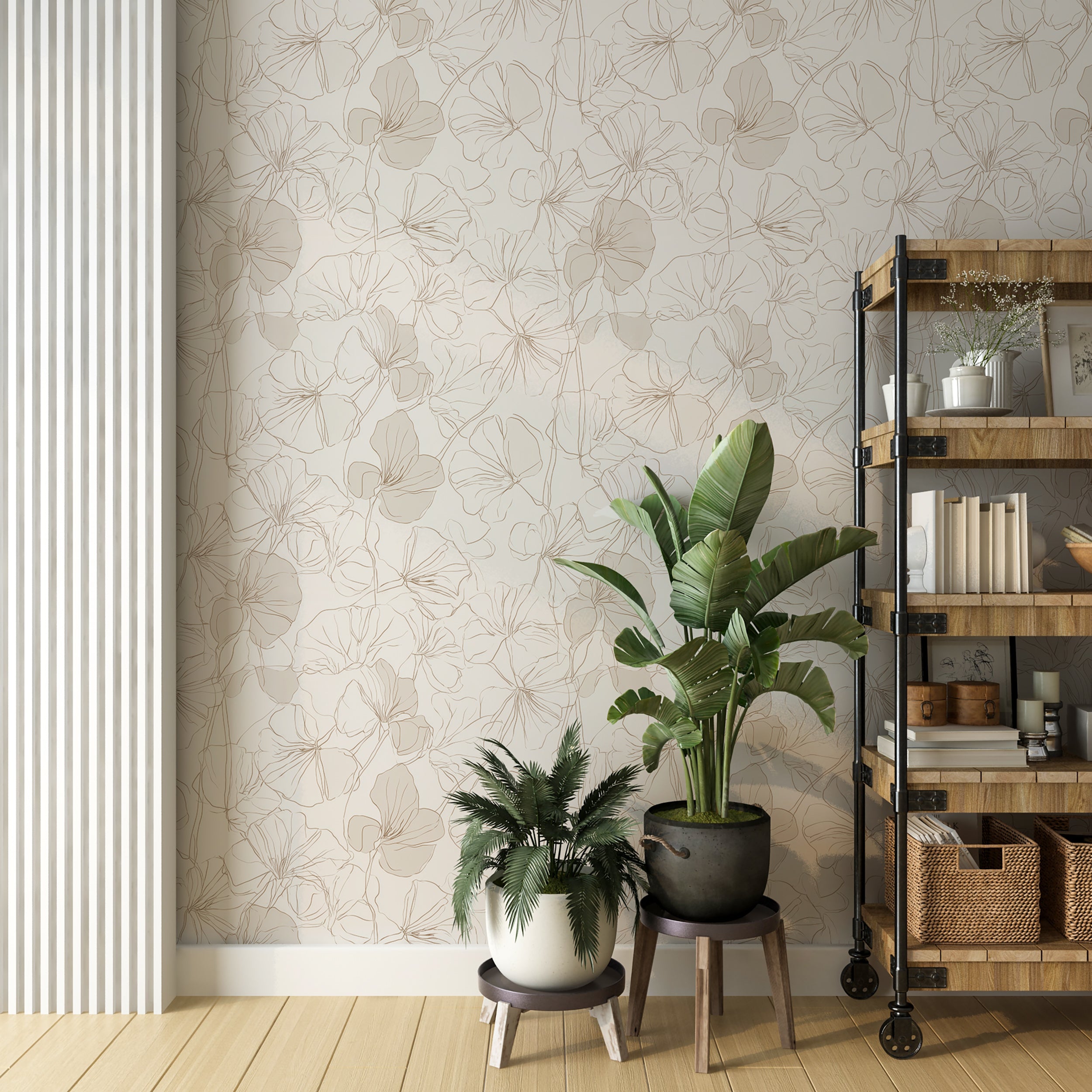Line Art Floral Wallpaper Beige Petal Pattern Neutral Wall Art Delicate Flower Line Drawing Elegant Minimalist Design