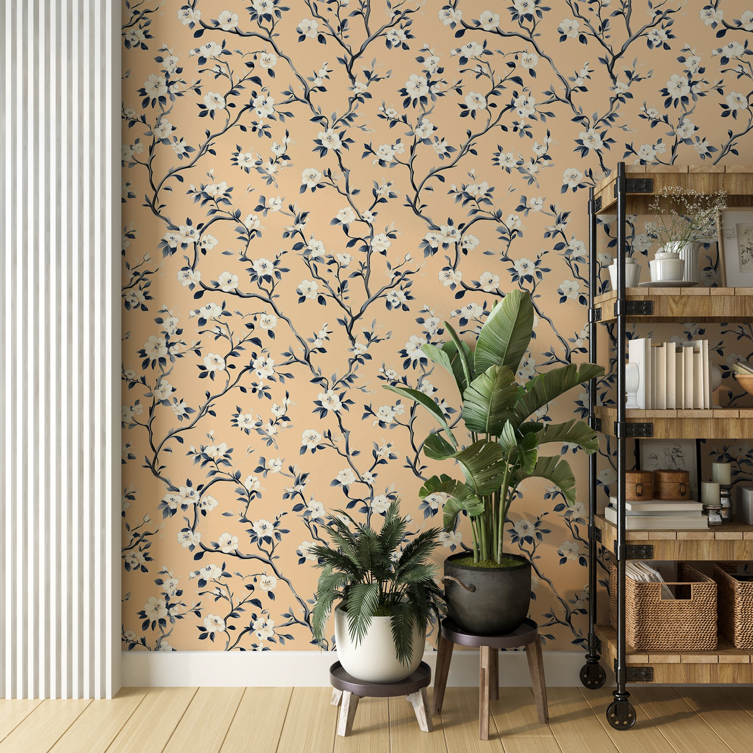 floral pattern wallpaper peach background
blue leaves and white blossom wallpaper
