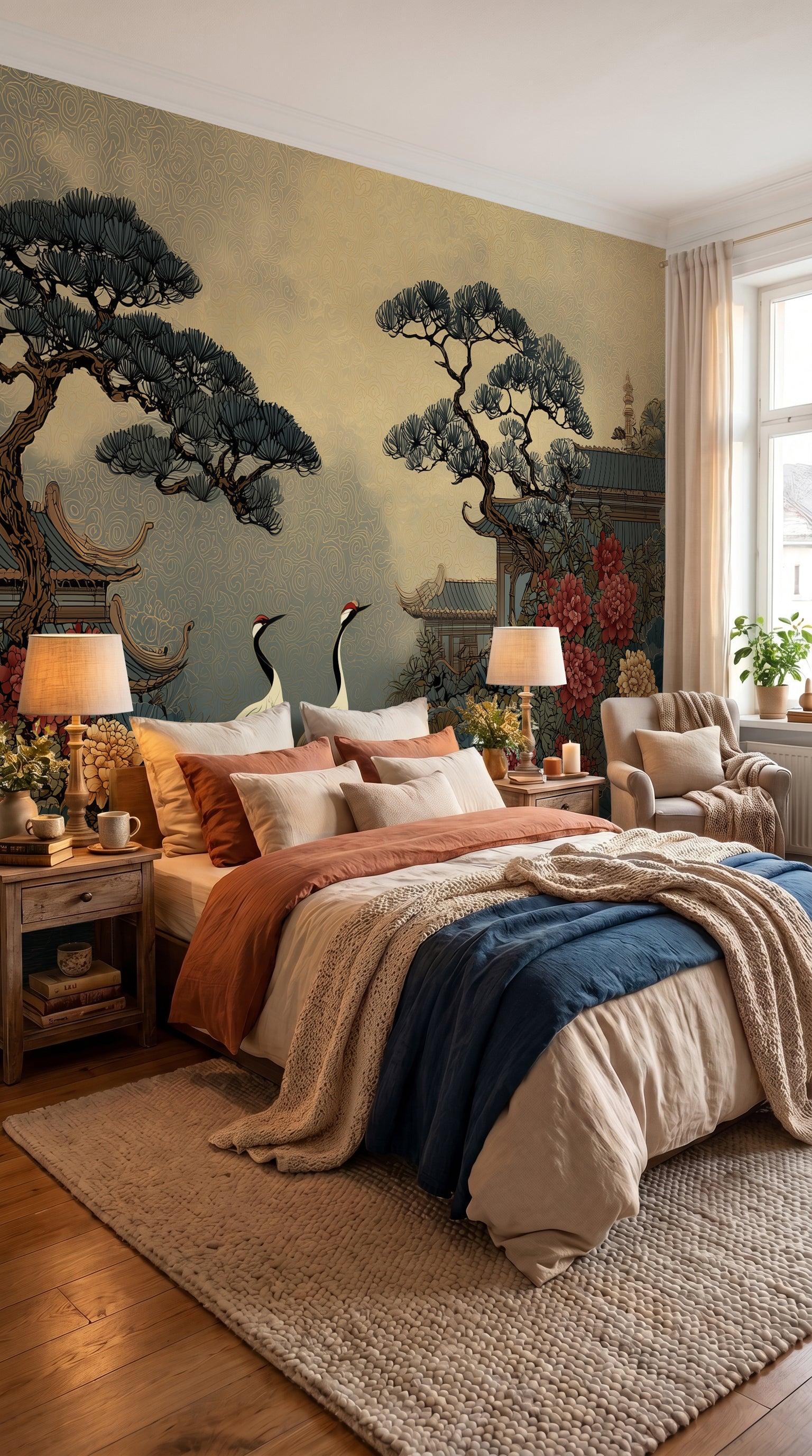 chinoiserie crane garden wall mural
oriental landscape wallpaper with cranes