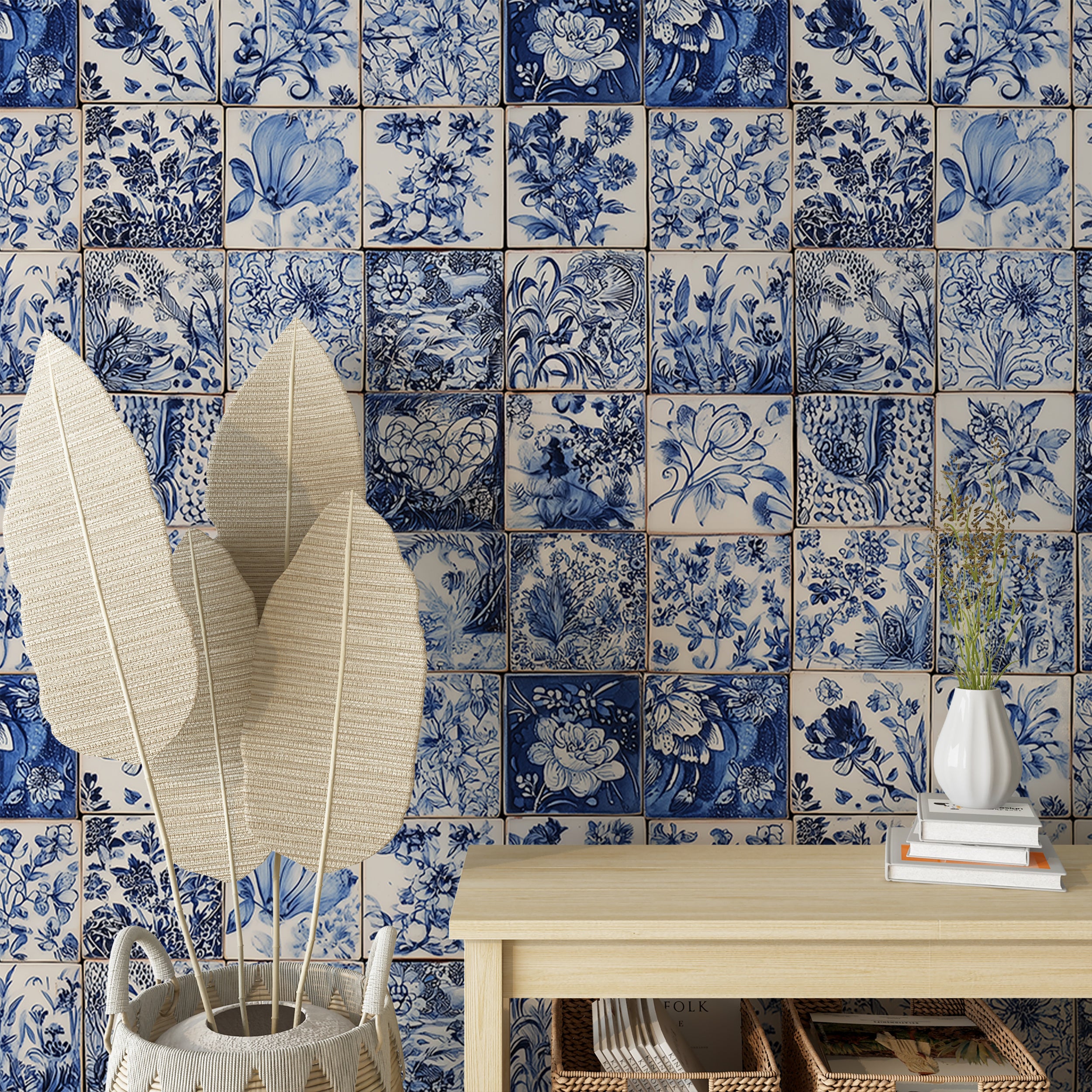 portuguese tile wallpaper blue botanical tiles
ceramic tile pattern wallpaper blue white decor