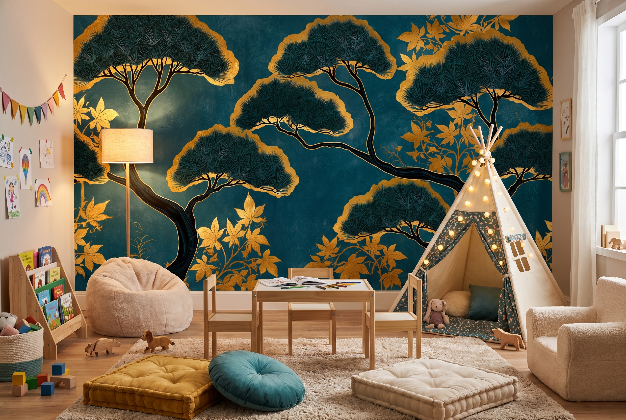 luxury teal wallpaper with japanese landscape
modern chinoiserie wallpaper gold botanical pattern