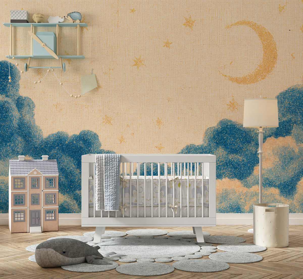 Vintage Blue Cloud Wall Mural Textile Inspired Sky Wallpaper Distressed Cloudscape Crescent Moon Stars Aged Fabric