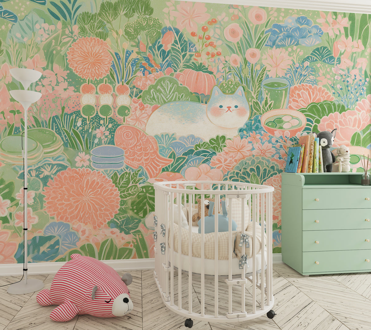 cute pastel cat and garden wallpaper
maximalist kawaii Japanese wallpaper with flowers and tea