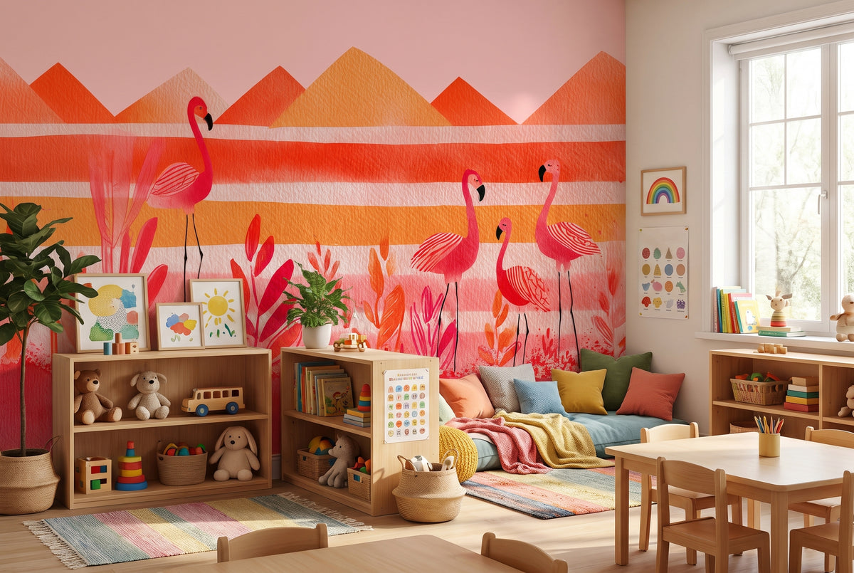 Colorful flamingo wall mural watercolor tropical landscape
Retro flamingo wallpaper mural with coral orange stripes