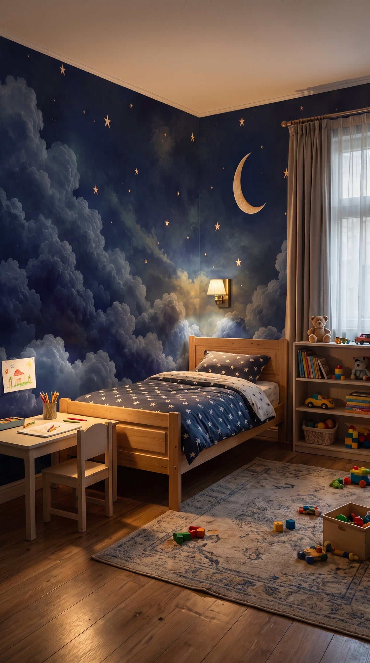 Moon and stars wallpaper with dark blue clouds and crescent moon
Dark blue night sky wallpaper with stars and moon