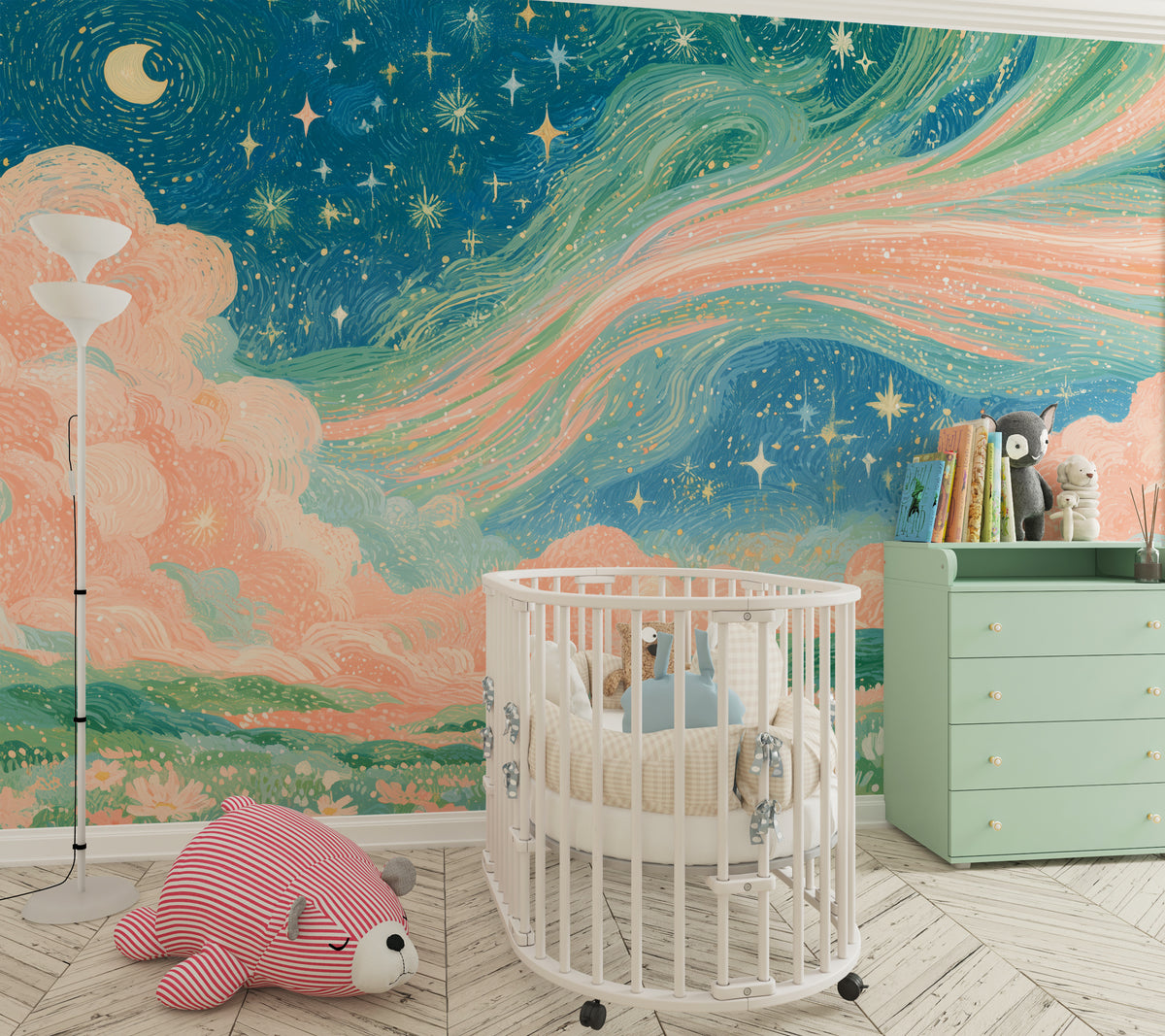 Enchanted landscape wallpaper with stars clouds and wildflowers