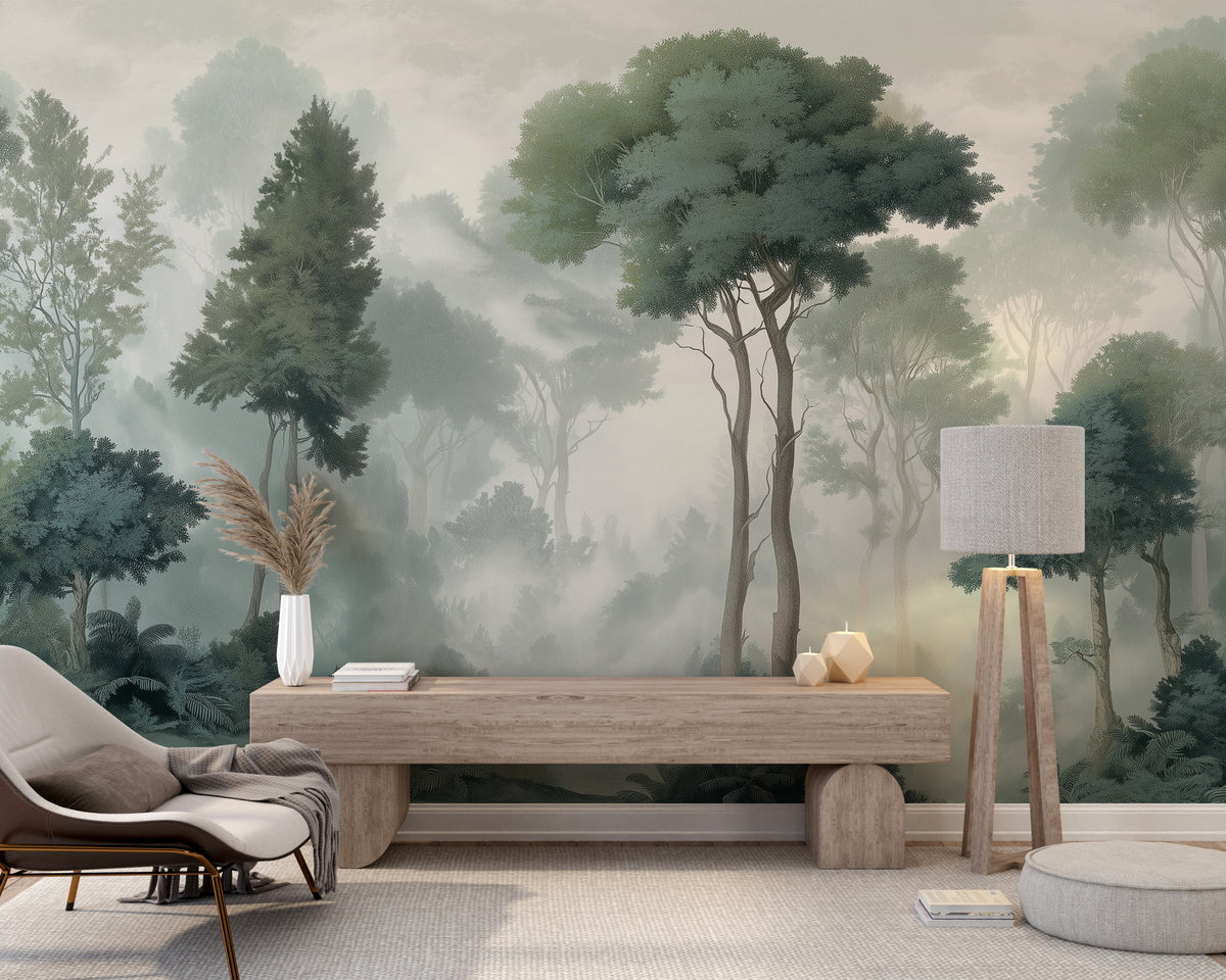 Green woodland wallpaper mural with misty tree landscape
Botanical forest wall mural with sage green trees and dense ferns