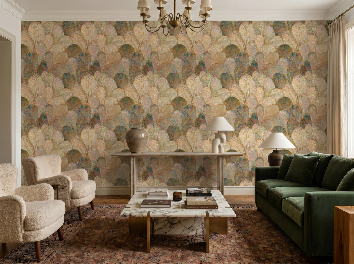 Jewel tone botanical wallpaper with iridescent mosaic texture
Metallic gold botanical wallpaper with layered leaf shapes