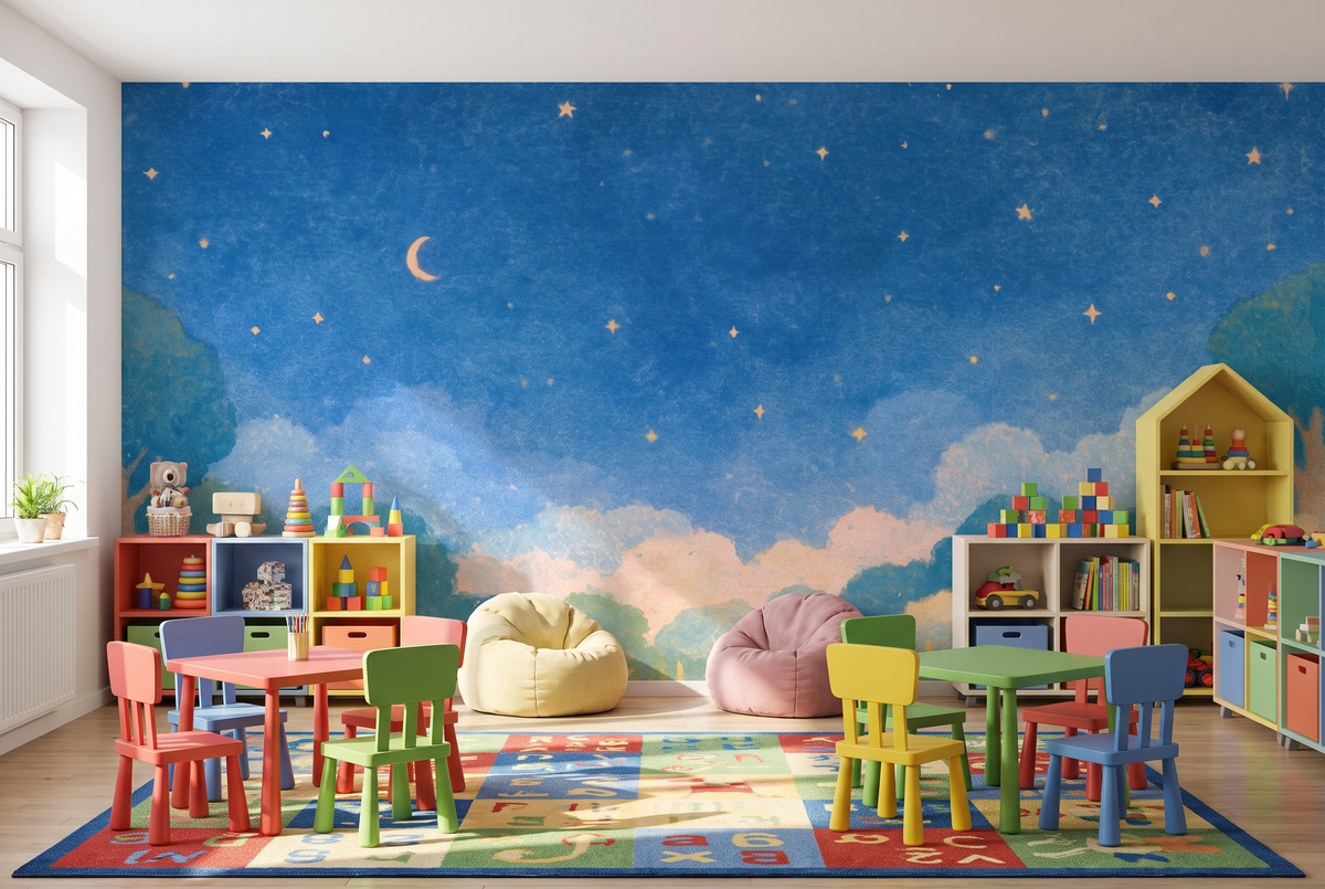 Storybook Sky Wallpaper With Watercolor Clouds And Starry Night
Celestial Nursery Wallpaper With Blue Sky Moon And Golden Stars