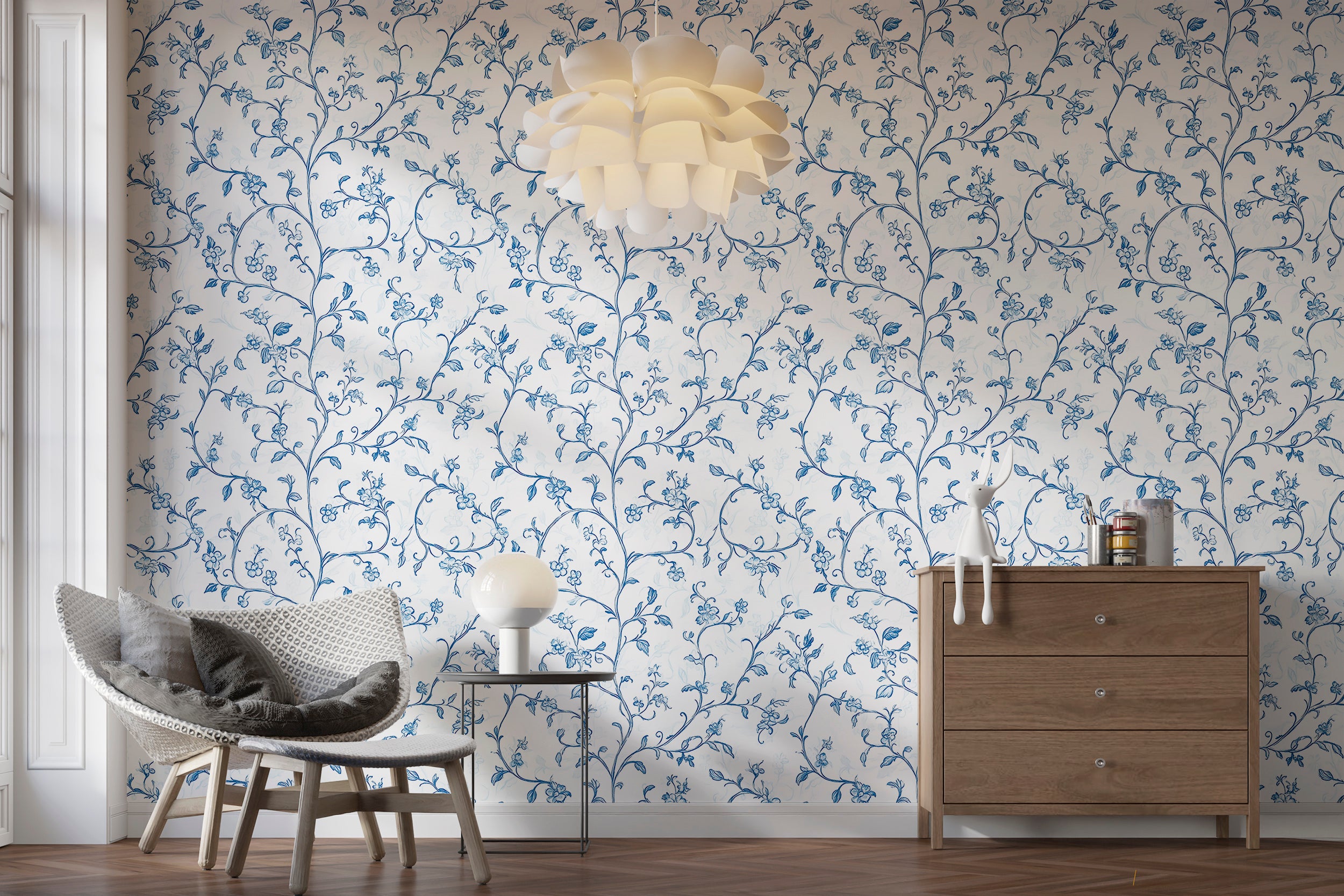 Blue and white botanical wallpaper for sophisticated spaces
Peel and stick Toil de Jouy wallpaper for stylish walls