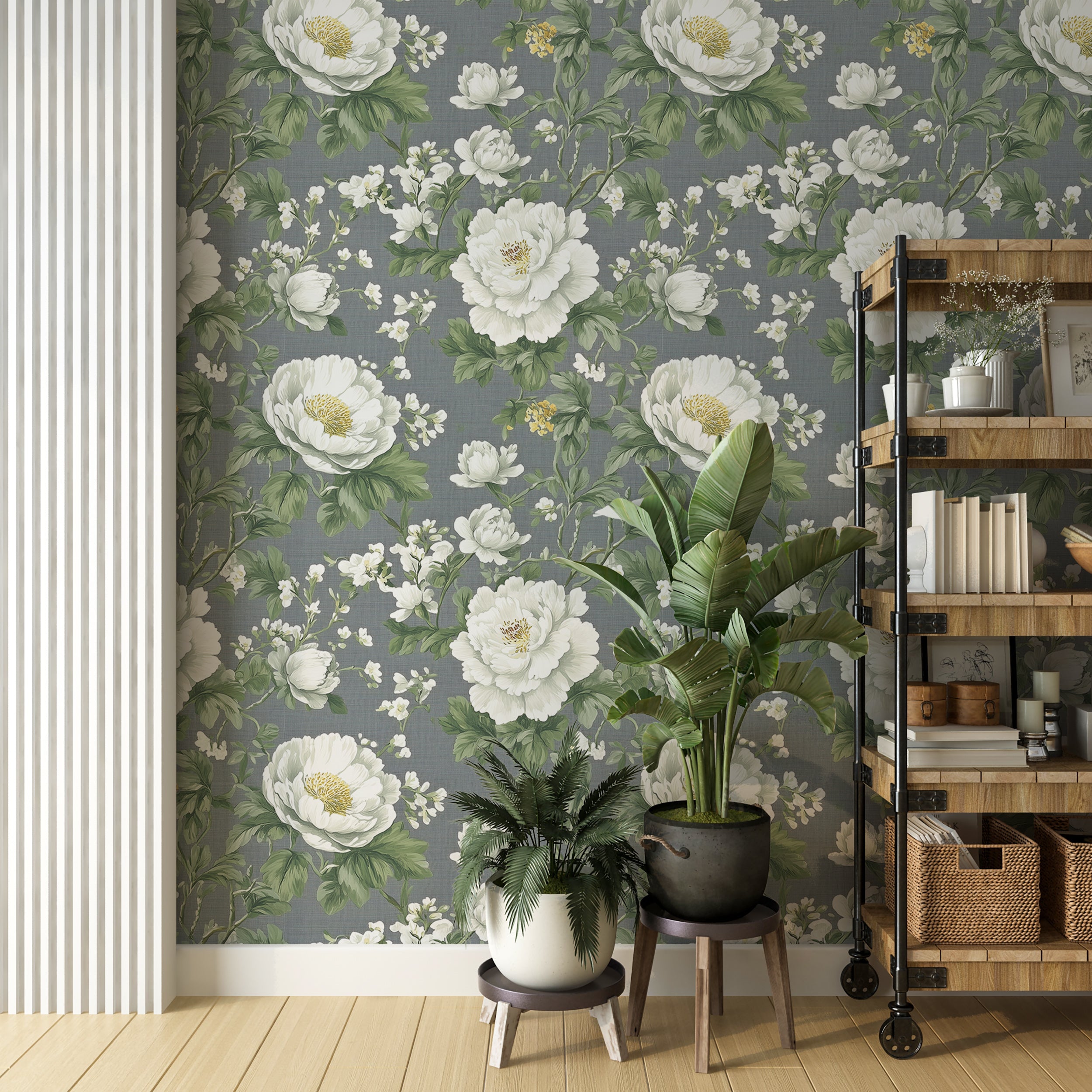 White flowers on grey linen wallpaper for elegant decor
Detailed floral wallpaper with large white flowers