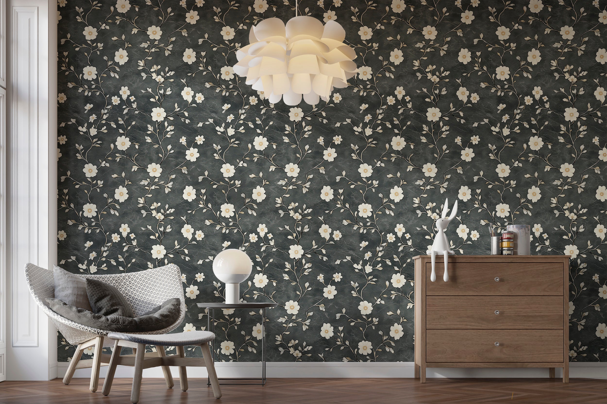 Peel and stick wallpaper with dark grey floral design
Botanical peel and stick wallpaper for stylish home decor