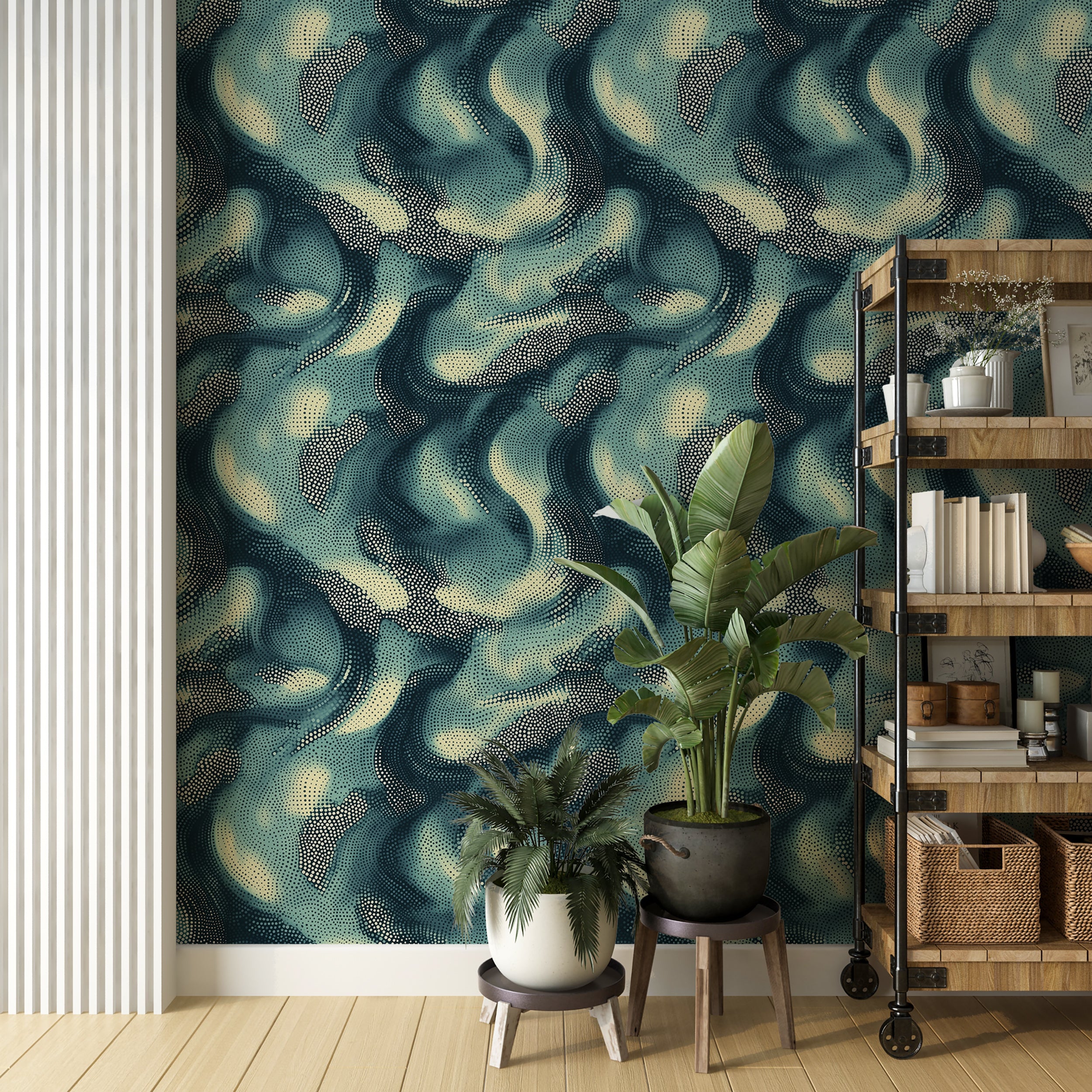 Abstract ocean wallpaper with beige dots for stylish spaces
Modern wavy wallpaper with ocean-inspired colors