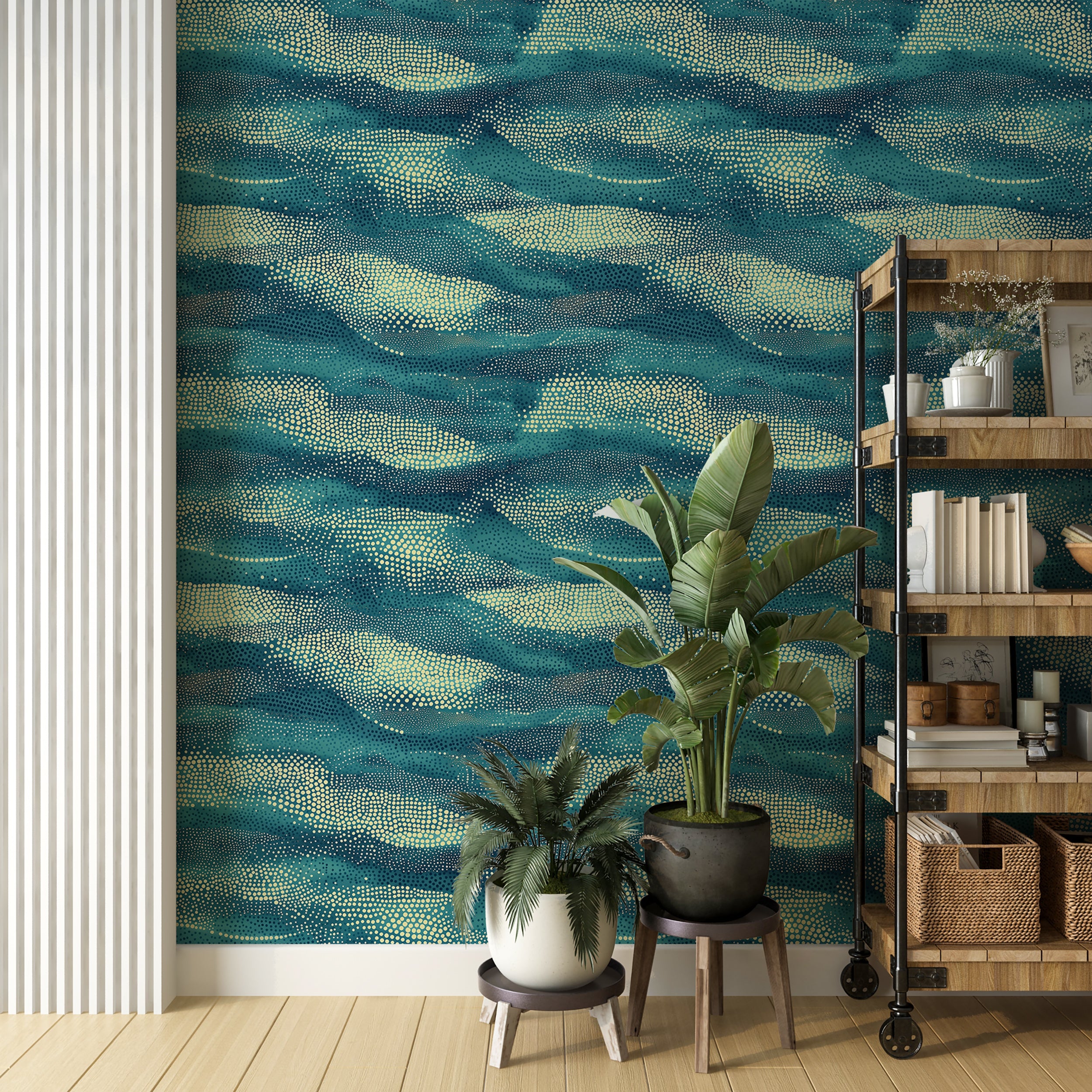 Bleu and beige wallpaper with abstract wave pattern for accent walls
Modern abstract wallpaper with ocean wave design